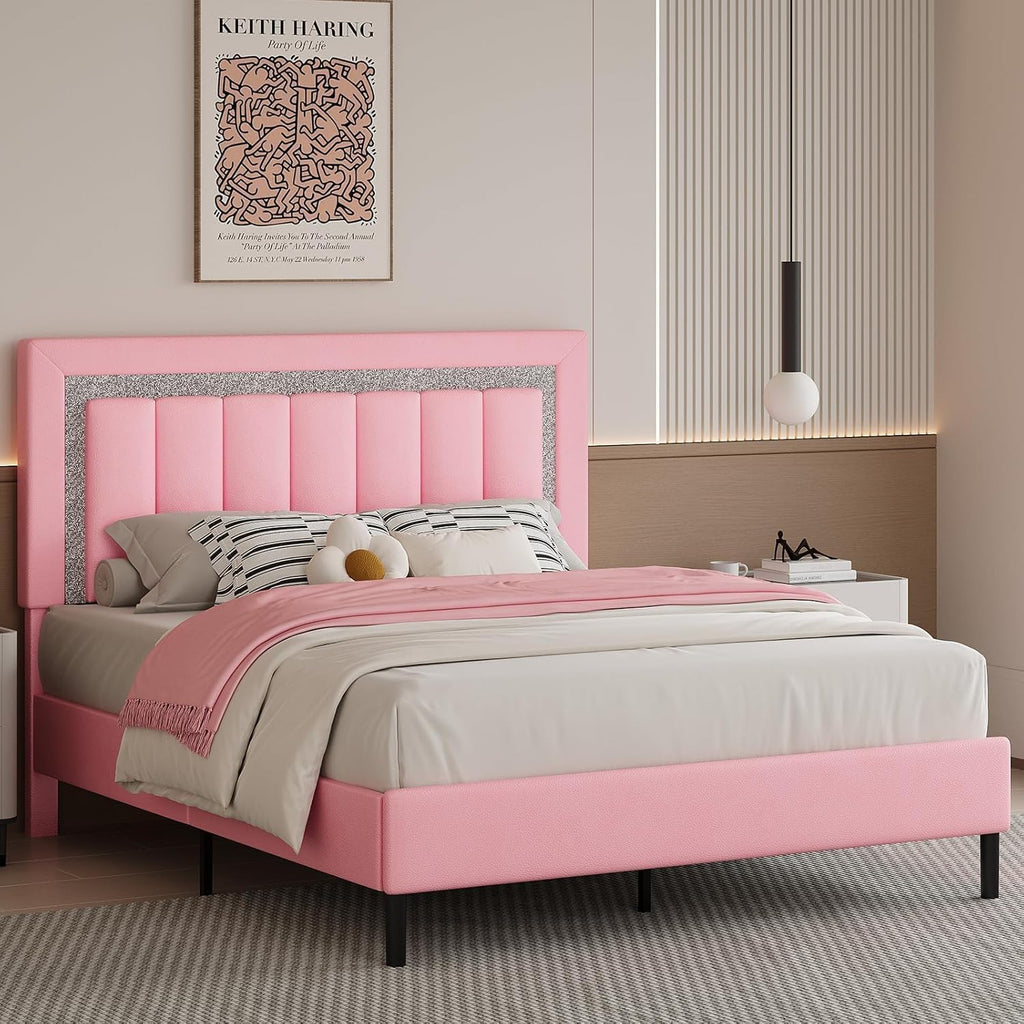 HOMBCK Full Bed Frame with Headboard, Faux Leather Upholstered Bed with Wooden Slats Support, Full Size Bed Frame with Diamond Vertical Stripe Design, Mattress Foundation, No Box Spring Needed, Pink