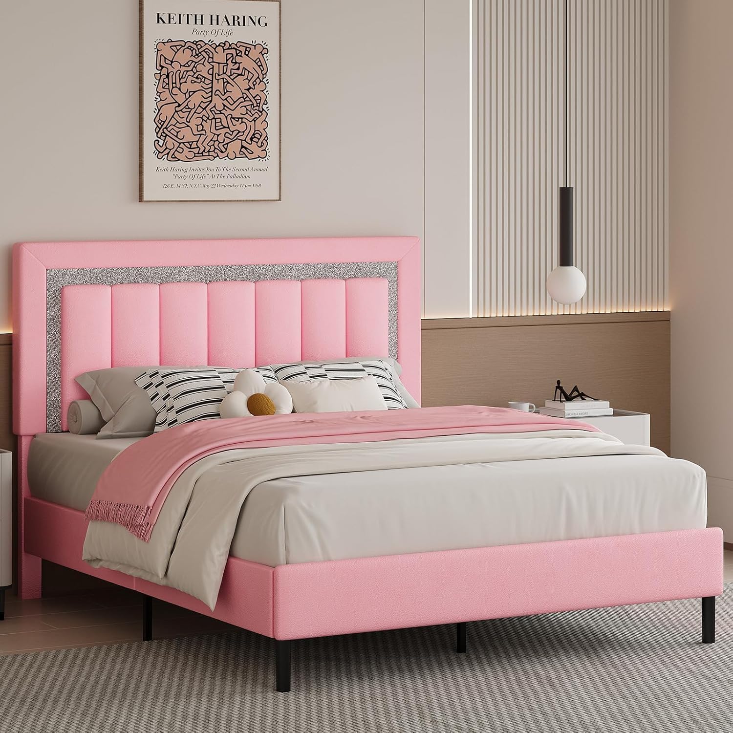 HOMBCK Full Bed Frame with Headboard, Faux Leather Upholstered Bed with Wooden Slats Support, Full Size Bed Frame with Diamond Vertical Stripe Design, Mattress Foundation, No Box Spring Needed, Pink