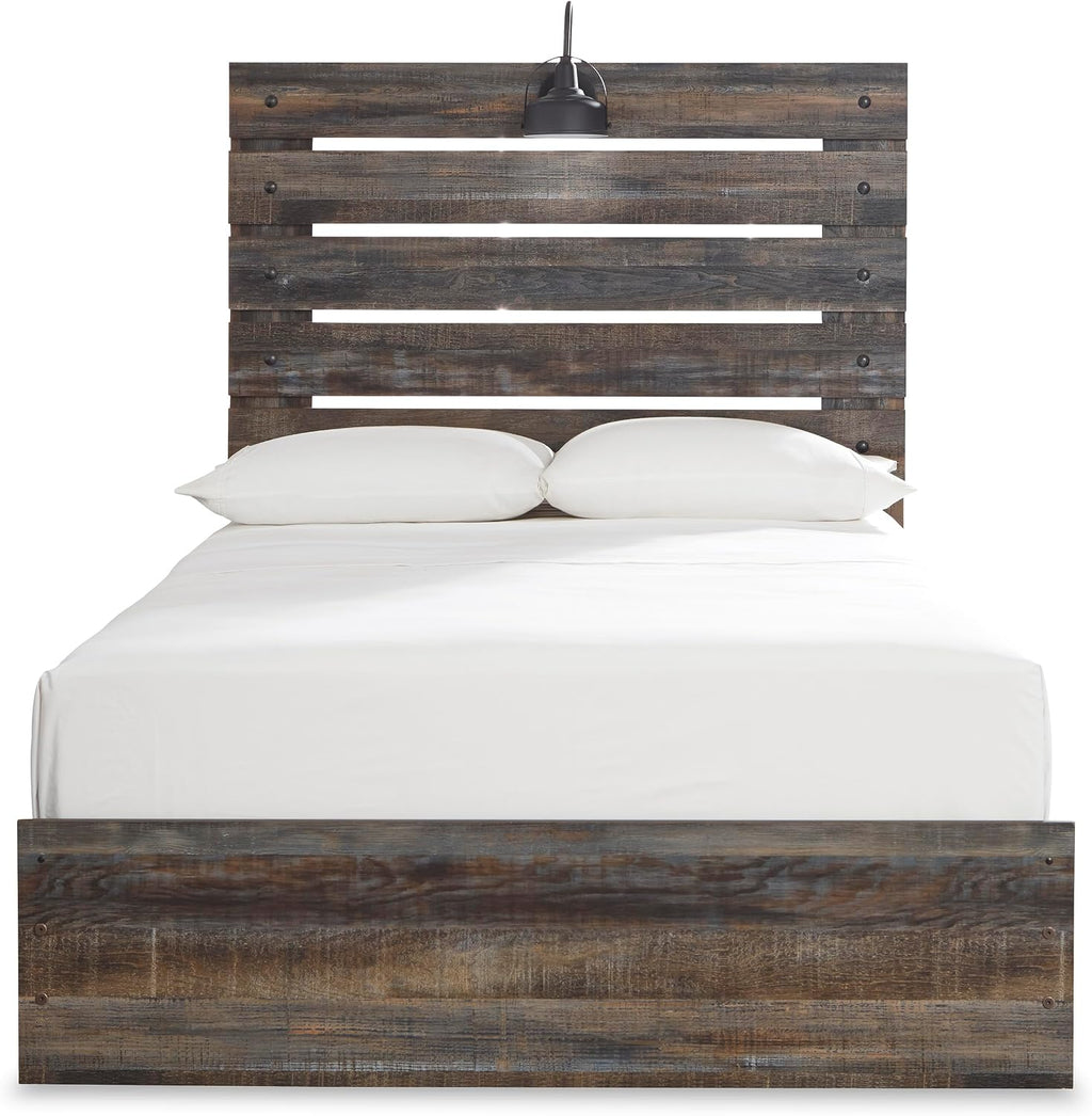 Signature Design by Ashley Drystan Rustic Full Panel Bed, Sconce LED Lights, USB Ports and Nailheads, Foundation or Box Spring Needed, Dark Brown & Gray