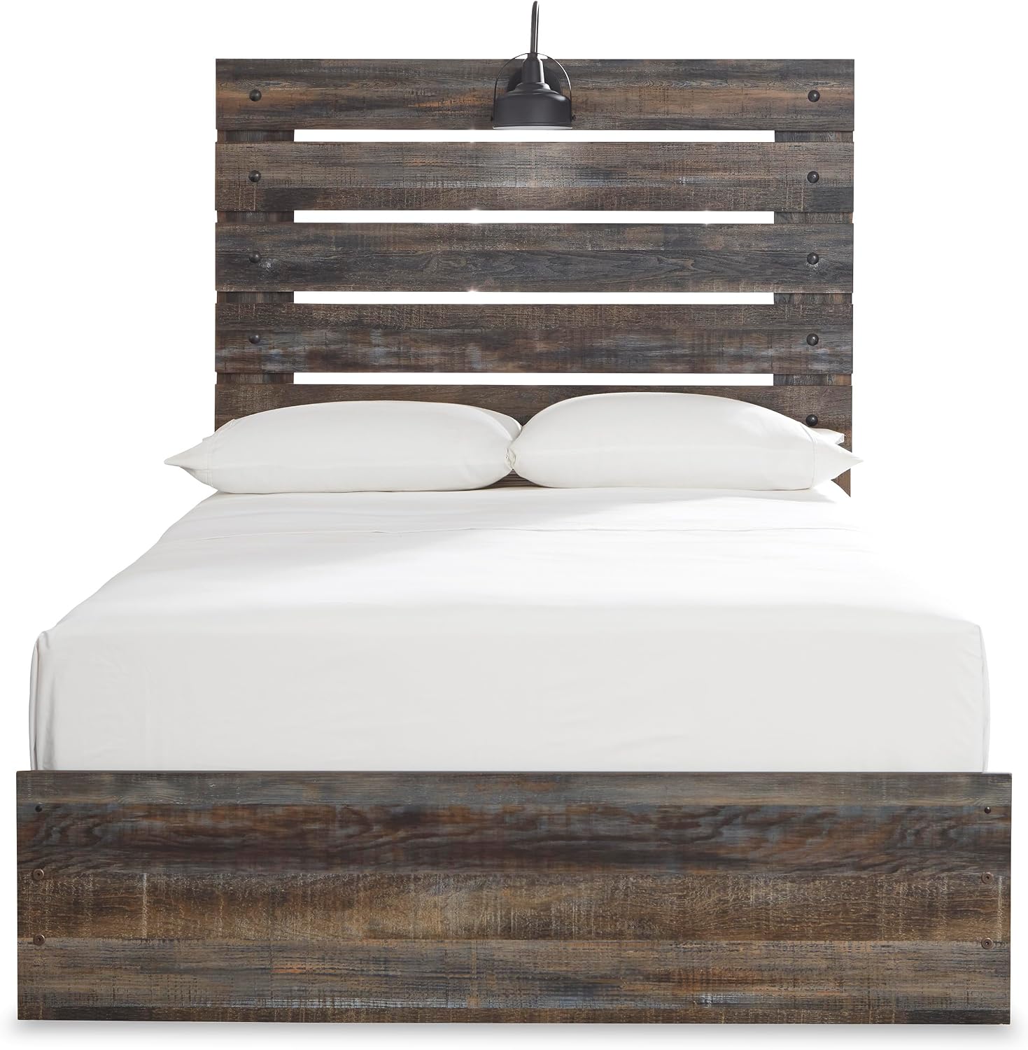 Signature Design by Ashley Drystan Rustic Full Panel Bed, Sconce LED Lights, USB Ports and Nailheads, Foundation or Box Spring Needed, Dark Brown & Gray