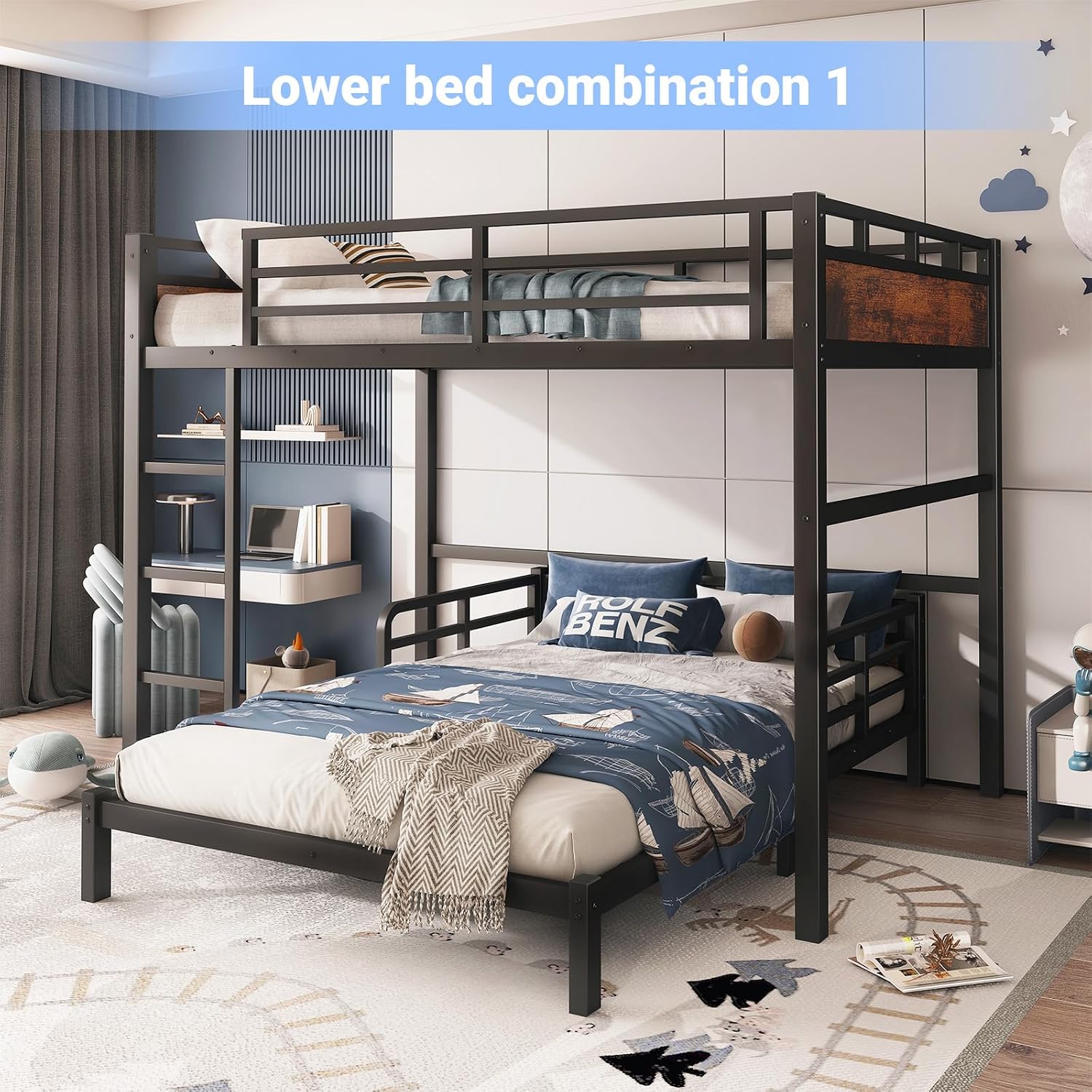 Full Over Full Bunk Bed, Convertible Metal Bunk Beds Can Separate into Loft Bed and Platform Bed, Heavy Duty Noise-Free Bed Frame with Safety Rails for Adults Teens Kids, Black