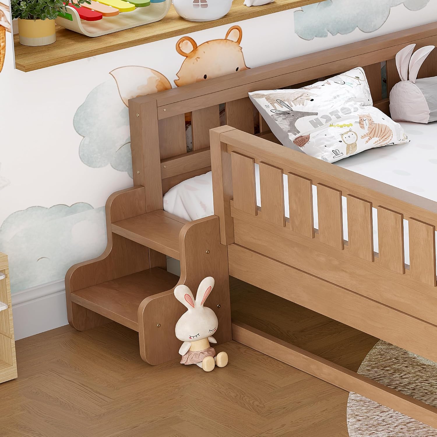 Bellemave Queen Bed with Trundle and Stairs, Queen Size Platform Bed Frame with Fence and Bookshelf, Easy Assemble Beds for Kids, Girls, Boys, Natural