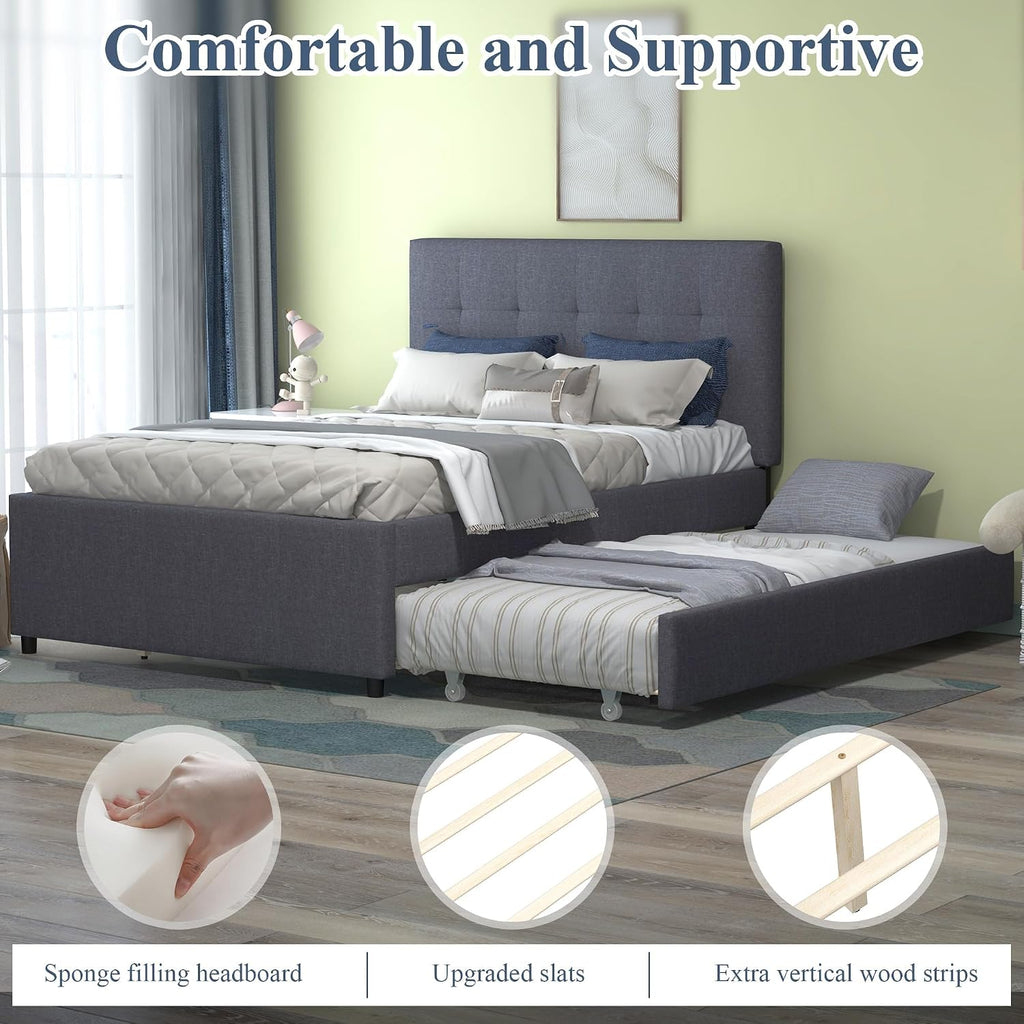 civama Full Bed with Trundle, Upholstered Full Over Twin Pull Out Platform Bed with Soft Linen Headboard & Wooden Slat Support for Bedroom Apartment, No Box Spring Needed, Grey