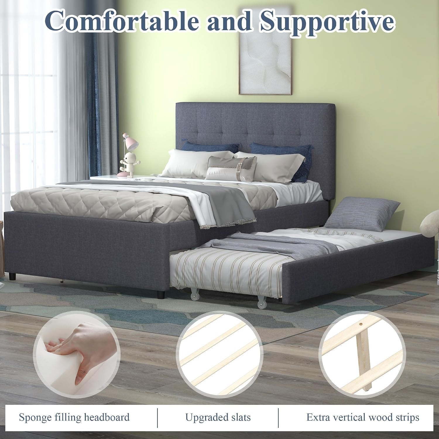 civama Full Bed with Trundle, Upholstered Full Over Twin Pull Out Platform Bed with Soft Linen Headboard & Wooden Slat Support for Bedroom Apartment, No Box Spring Needed, Grey