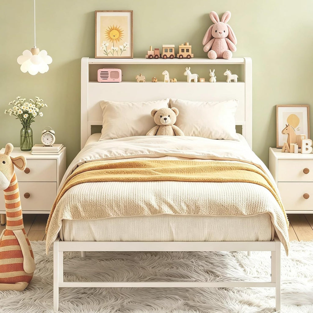 Weehom Twin Bed Frames for Kids, Twin Size Bed with 2 Tiers Wood Shelves Headboard No Box Spring Needed Easy Assembly Heavy Duty Metal Plaform, White