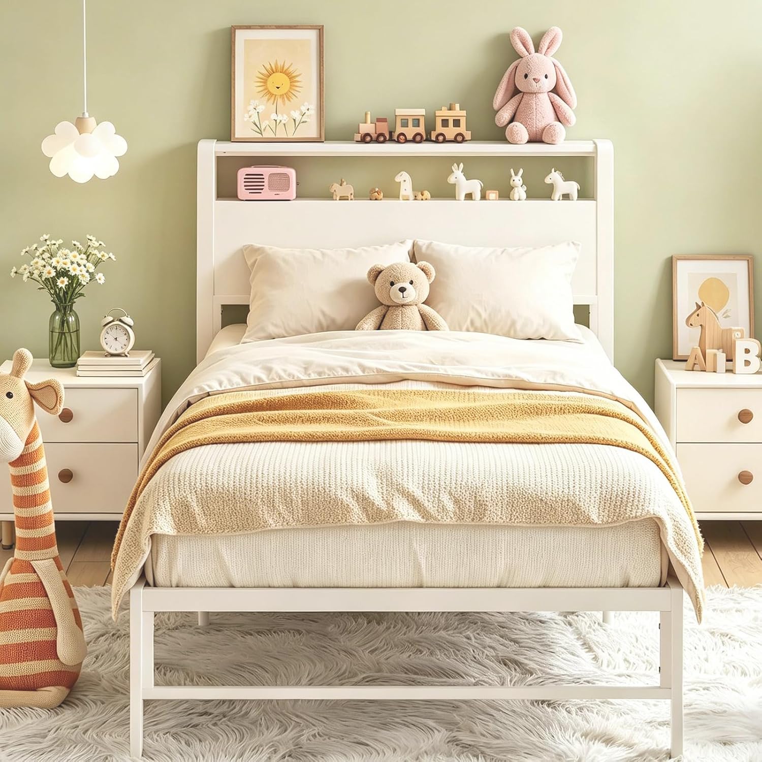 Weehom Twin Bed Frames for Kids, Twin Size Bed with 2 Tiers Wood Shelves Headboard No Box Spring Needed Easy Assembly Heavy Duty Metal Plaform, White