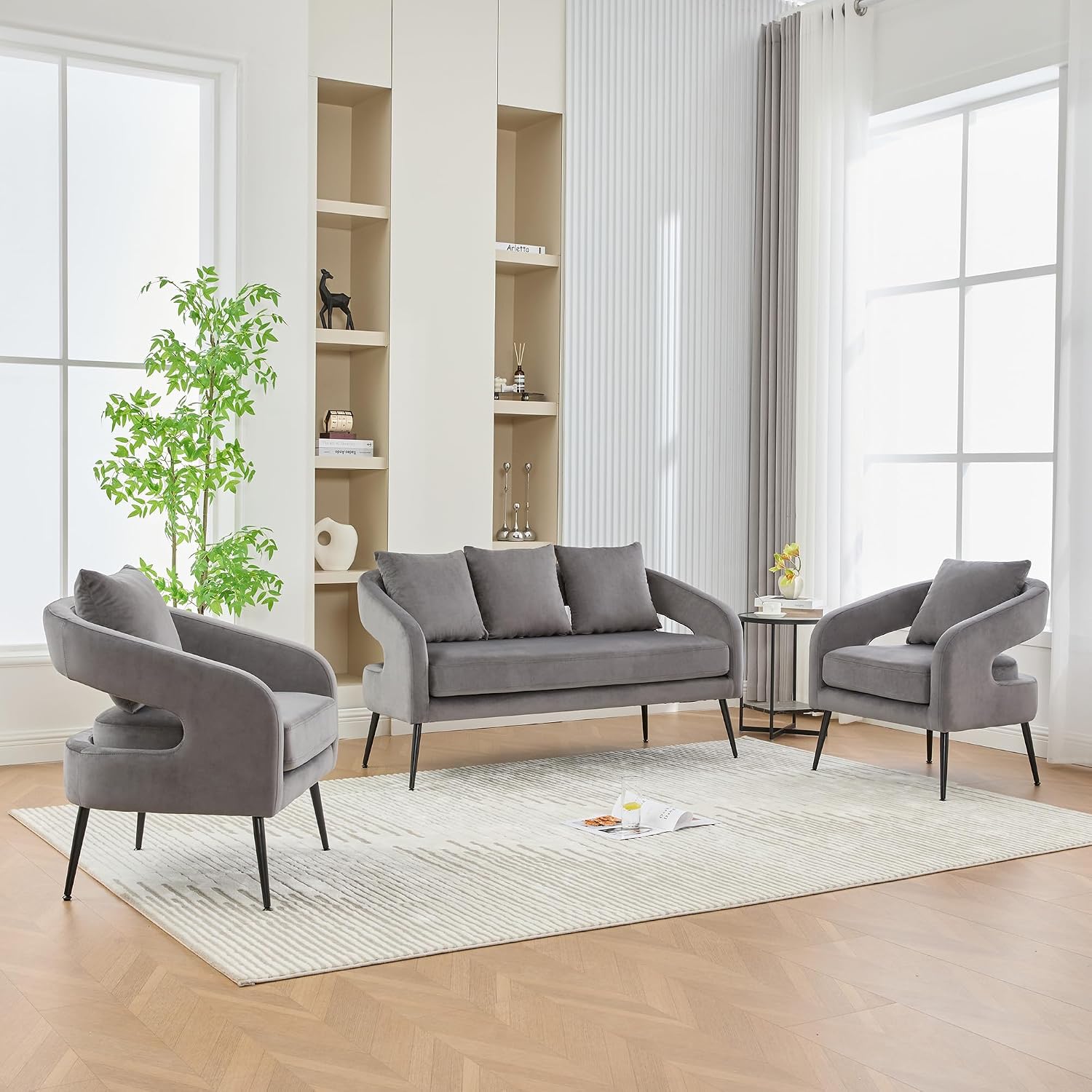 3-Piece Modern Minimalist Style Sofa Set with Metal Legs,Open Back Sofa Conversation Set,Loveseat Couch & 2 Accent Chair for Living Room,Bedroom,Office,Reception,Charcoal