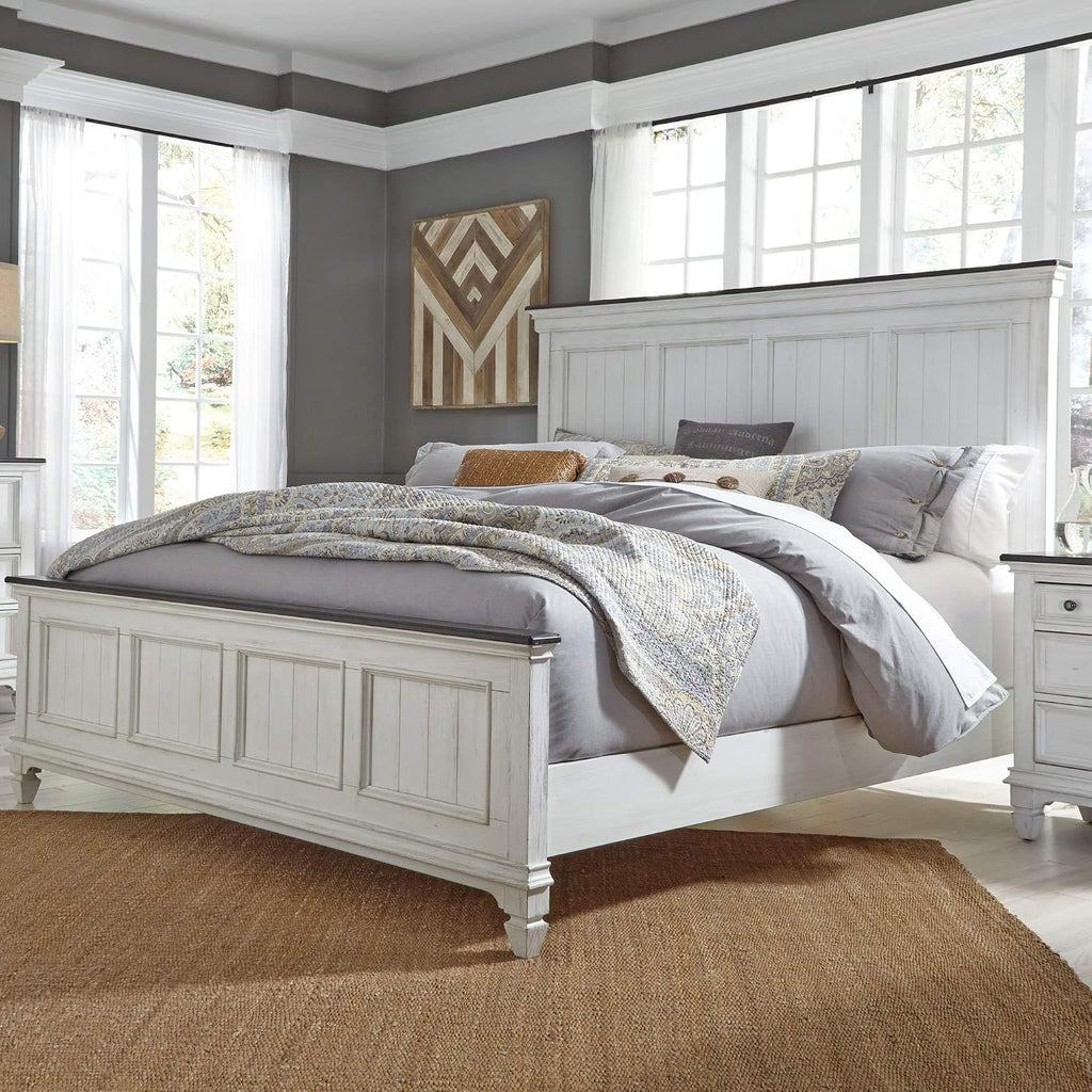 Liberty Furniture Allyson Park California King Panel Bed, Dresser & Mirror, Night Stand Cottage Bedroom Furniture Set - Wirebrushed White w/Charcoal Tops