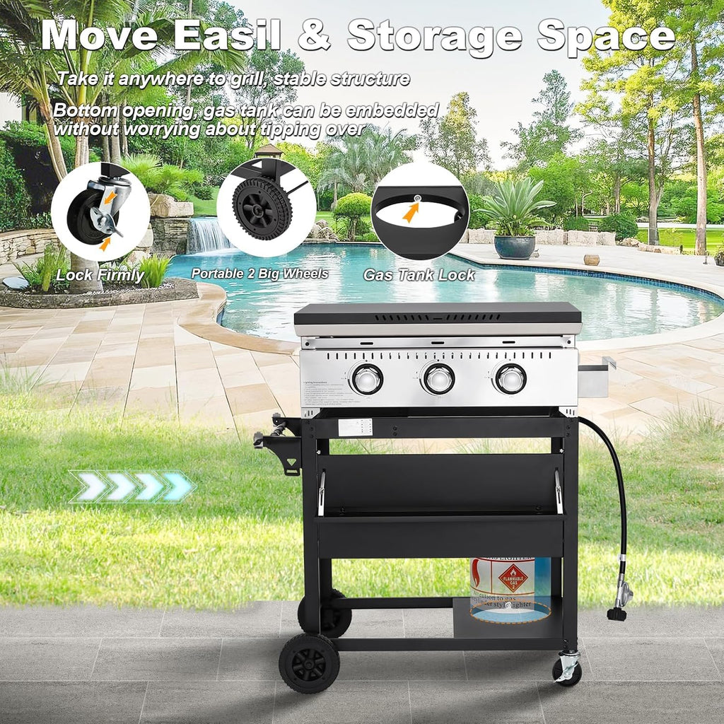 3 Burner 30000 BTU Outdoor Gas Griddle with Lid (Side Shelf), Portable Flat Top Griddle 28 Inch Heavy-Duty Cast Iron Grill, Bottle Rack & Grease Pan for Camping, Picnic, Patio