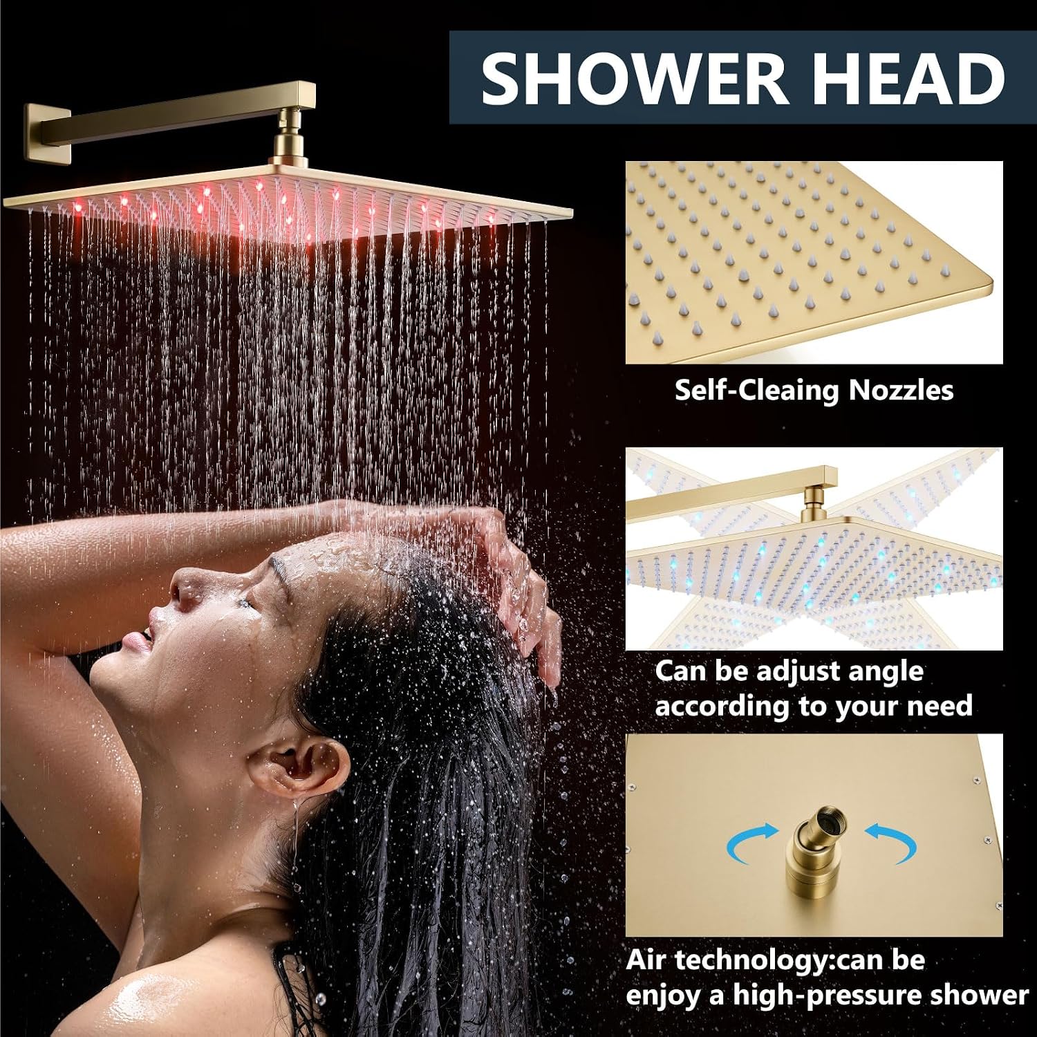 Aolemi Shower Faucet Set with Handheld Spray High Pressure Shower System Shower Faucets Sets Complete Rough-in Valve and Shower Trim Kit Wall Mount Rainfall 16 Inch LED Shower Head Brushed Gold