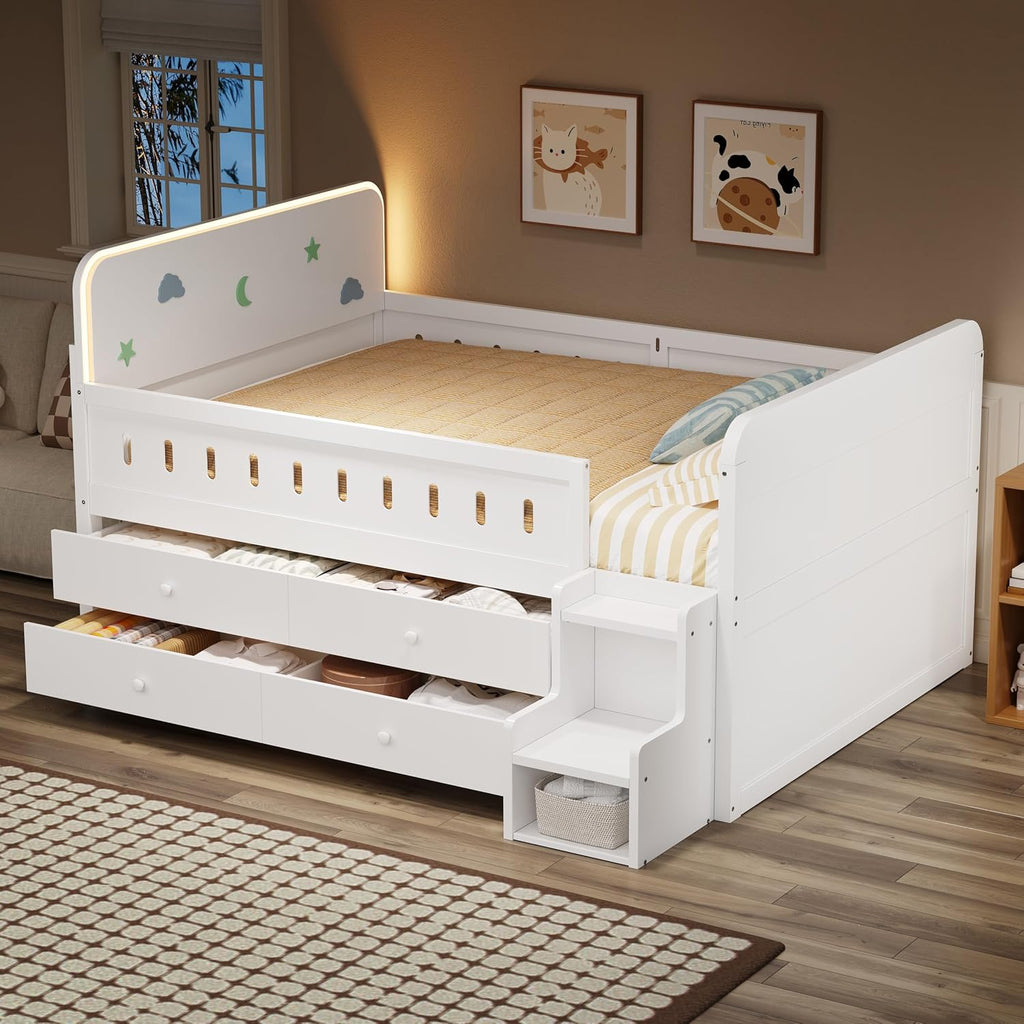 VilroCaz Full Size Platform Bed with Guardrail and 4 Drawers, Wooden Kids Platform Bed Frame with Two-Step Staircases and Light Strip for Boys Girls, Sturdy Slats Support (White-11A)