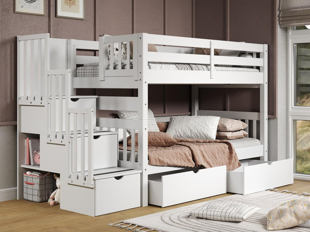 Bedz King Stairway Bunk Beds Twin Over Twin, 3 Step Drawers, 2 Storage Drawers, White
