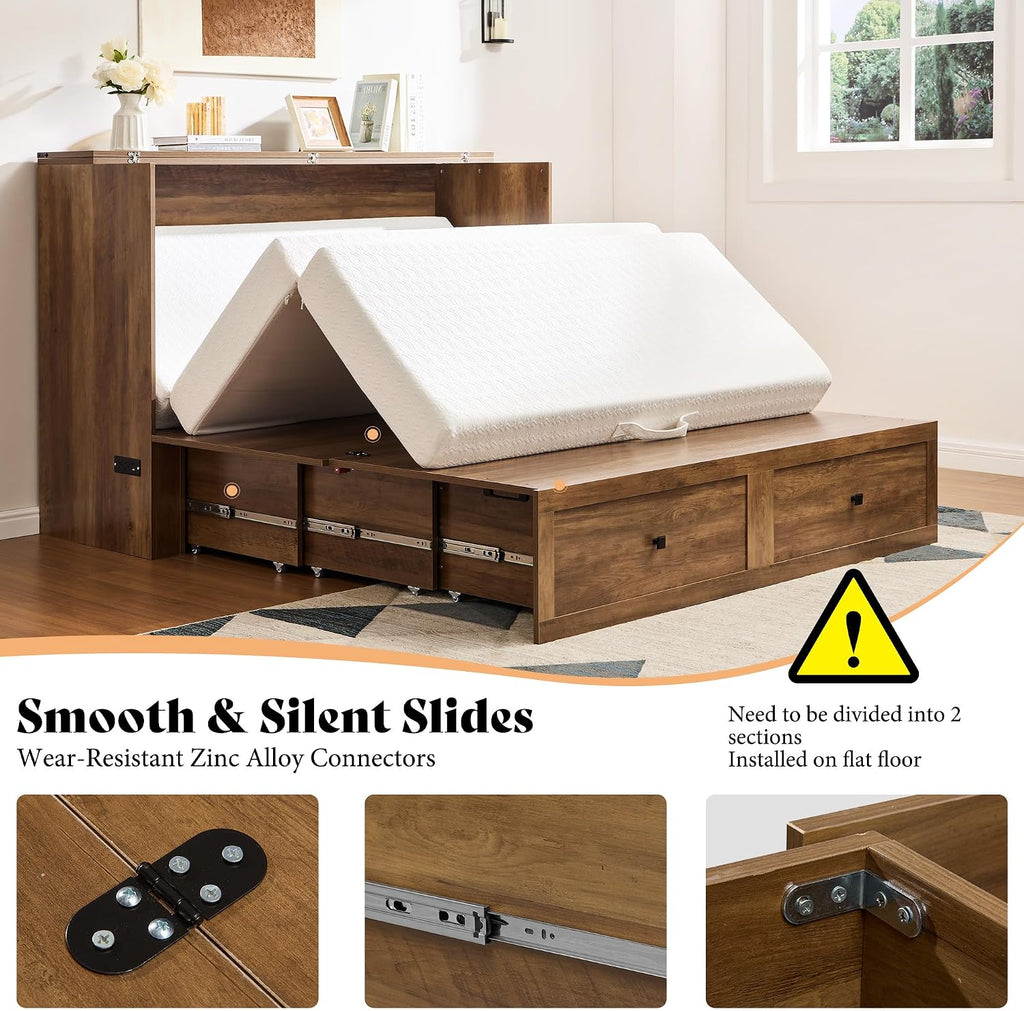 AMERLIFE Full Murphy Bed Cabinet with Charging Station and Storage, Farmhouse Foldable Platform Bed for Guest Room, Office, Small Spaces, Barnwood
