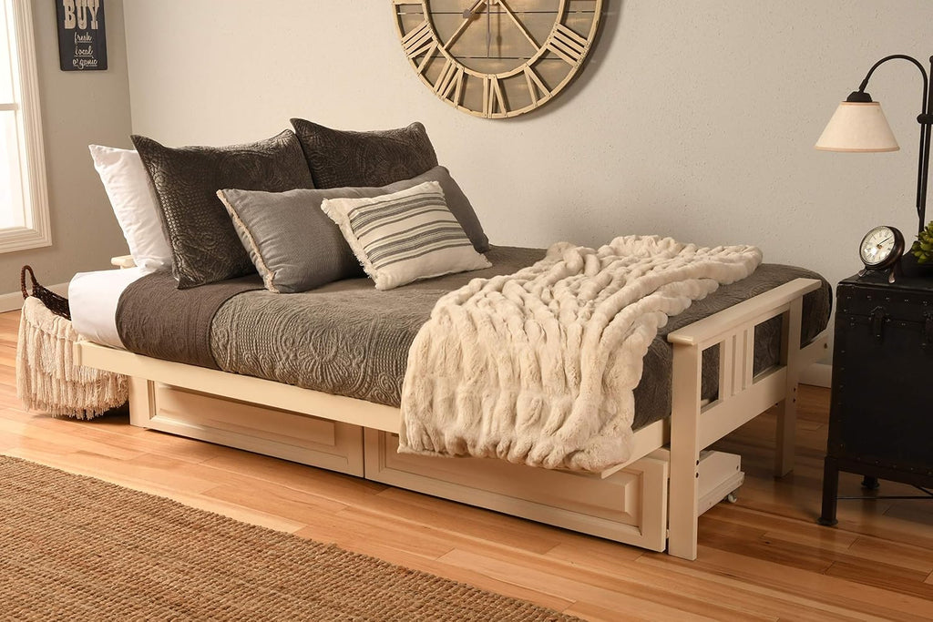 Kodiak Furniture Monterey Futon Set with Storage Drawers, with Antique White Base and Linen Aqua Mattress