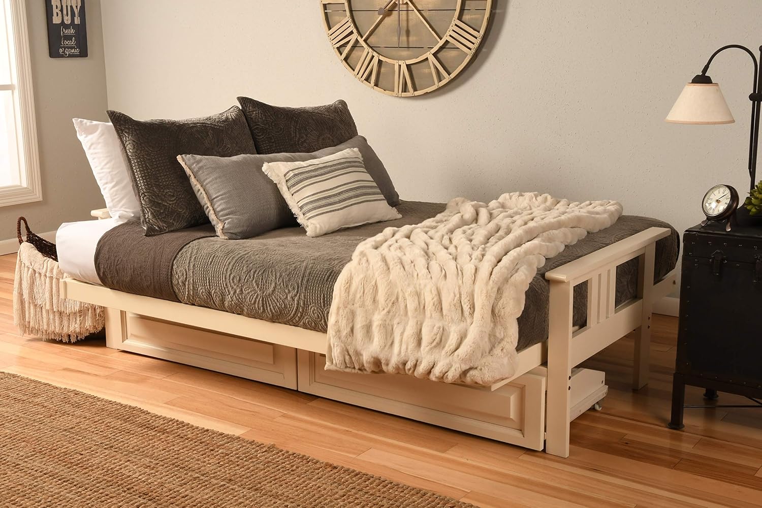 Kodiak Furniture Monterey Futon Set with Storage Drawers, with Antique White Base and Linen Aqua Mattress