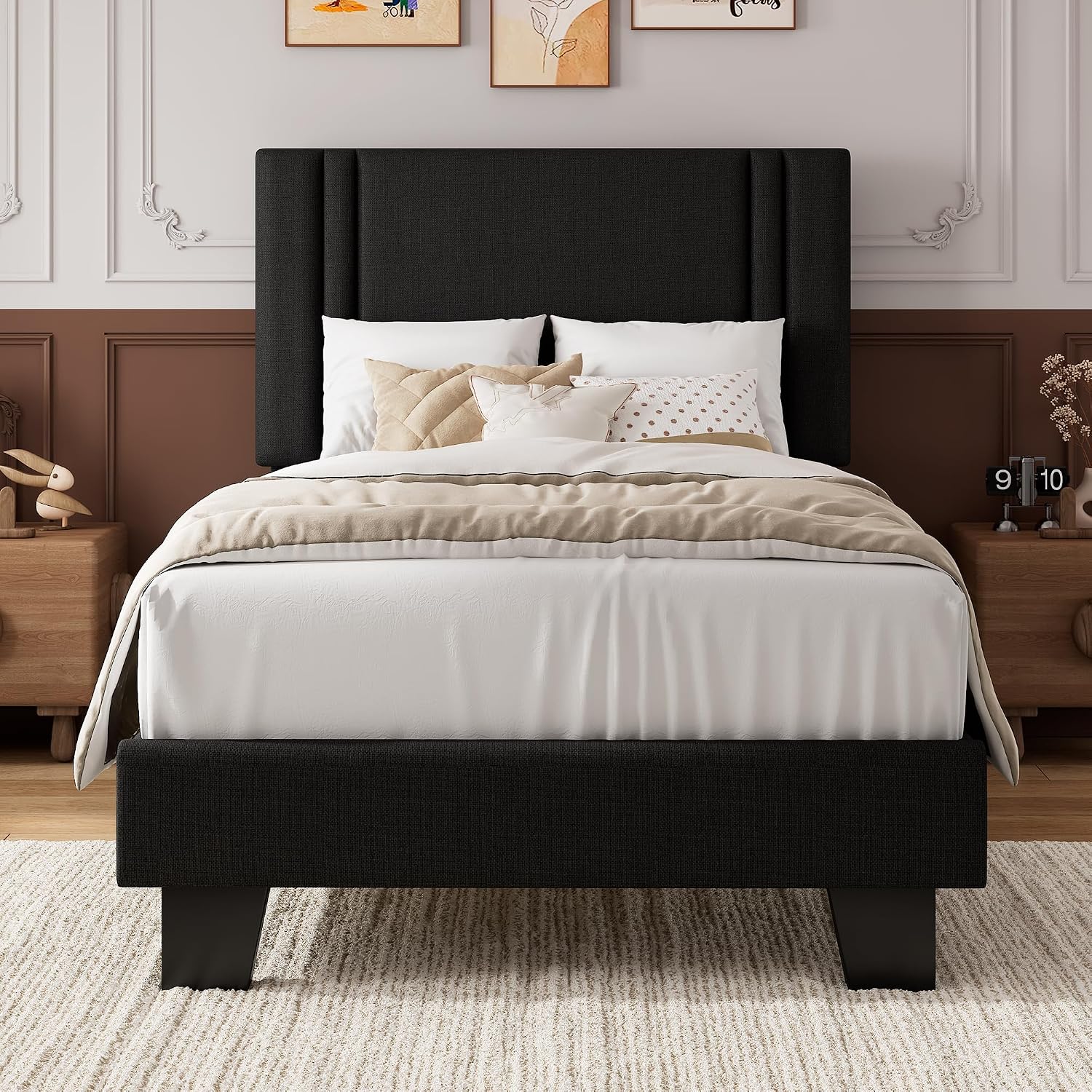 iPormis Twin Platform Bed Frame with Fabric Upholstered Headboard & Thickened Legs, Mattress Foundation with Solid Wooden Slats Support, No Box Spring Needed, Noise Free, Black