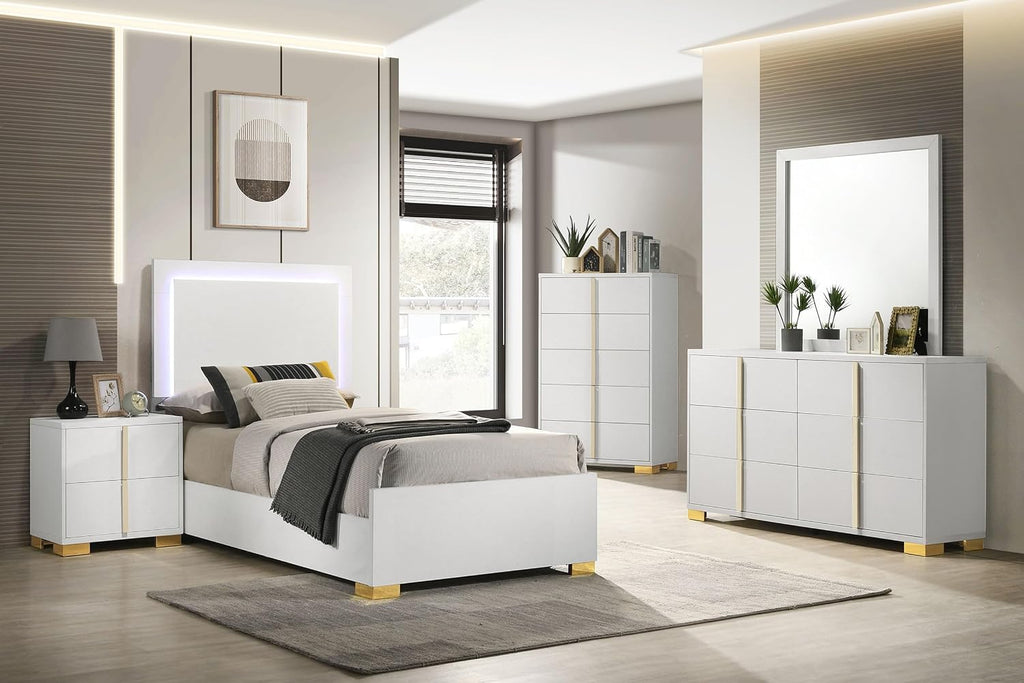 Coaster Home Furnishings Marceline Contemporary 5-Piece Bedroom Set Twin Size LED Panel Bed Frame 51-inch Headboard White 222931T-S5