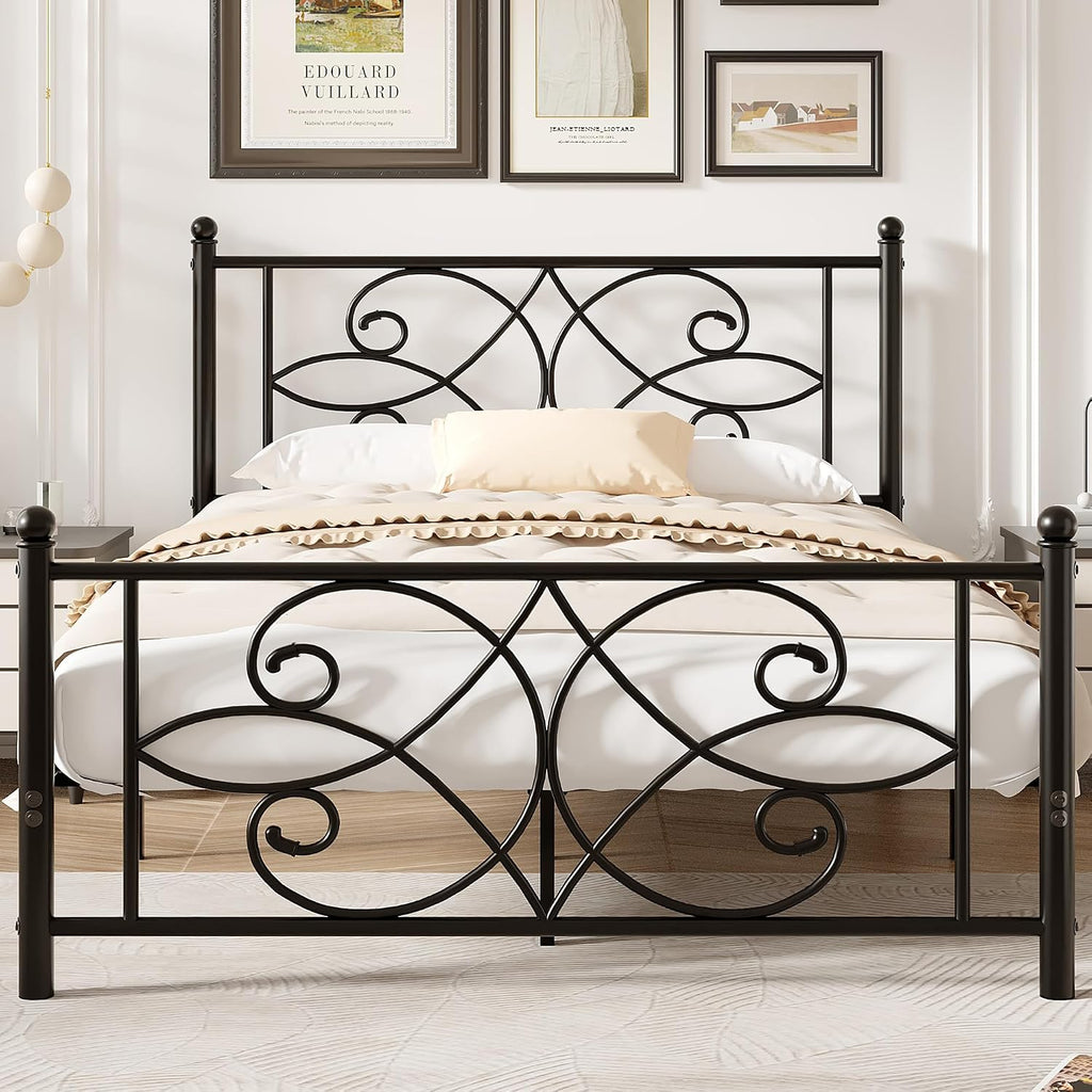 VECELO Queen Size Bed Frame Metal Platform Bed with Headboard and Footboard, Heavy Duty Mattress Foundation, No Box Spring Needed, Easy Assembly, Black