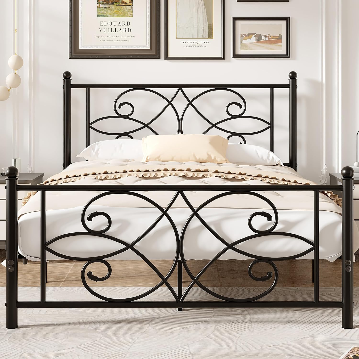 VECELO Queen Size Bed Frame Metal Platform Bed with Headboard and Footboard, Heavy Duty Mattress Foundation, No Box Spring Needed, Easy Assembly, Black