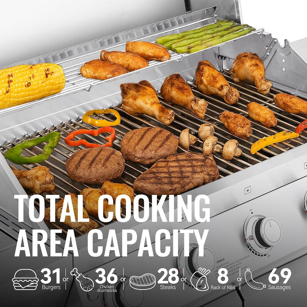 GEA5001S Deluxe Stainless Steel 5-Burner Gas Grill, Bilateral Stainless Steel Side Shelf, With Hook Cabinet Style Grill for Outdoor Grilling and Backyard Cooking, Silver