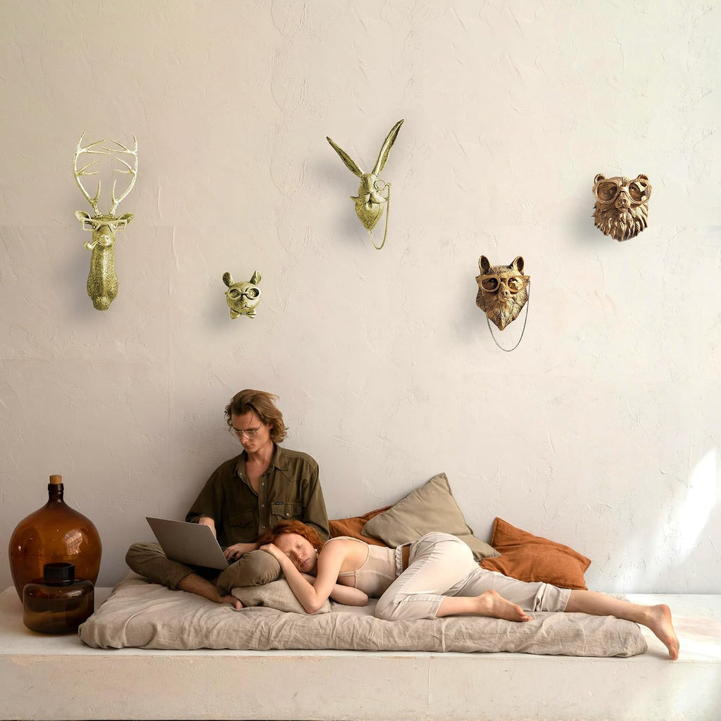 Artocery Brass Animal Head Wall Decor Gold Animal Heads Shaped Wall Hanging for Living Room Bath Room Kitchen Gardening Pub and Bar Decor for Wall Gift Ideas for Woman for Man (5pcs-brass)