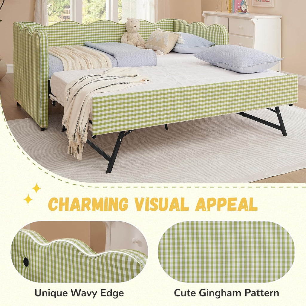 DEINPPA Twin Size Upholstered Daybed with Trundle, Gingham Daybed with USB Ports for Bedroom Living Room Guest Room-Green