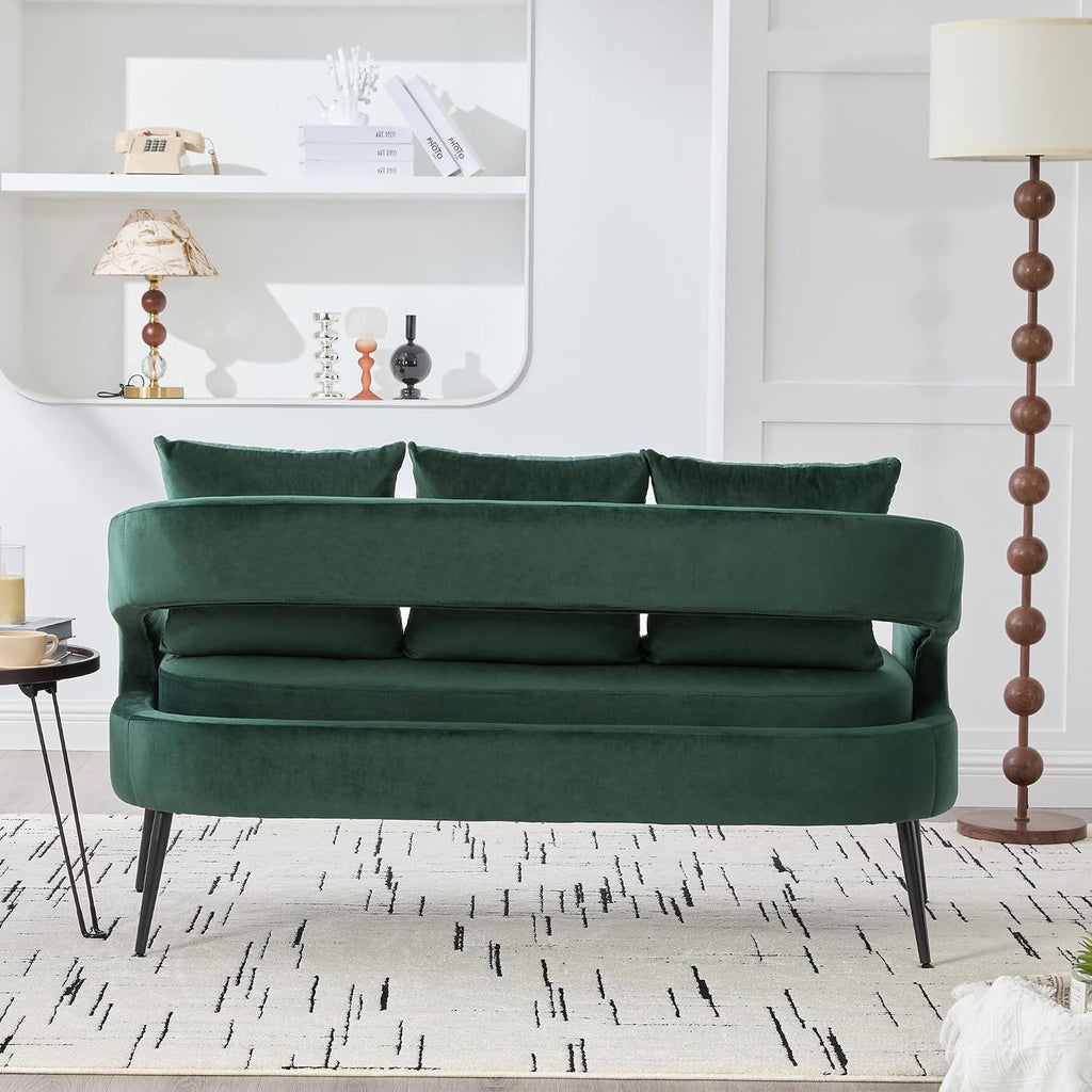 53.7' Modern Velvet Loveseat Sofa with 3 Pillow,Small Comfortable 2 Seat Sofa with Metal Legs, Small Couch for Living Room,Bedroom,Office,Reception,Green
