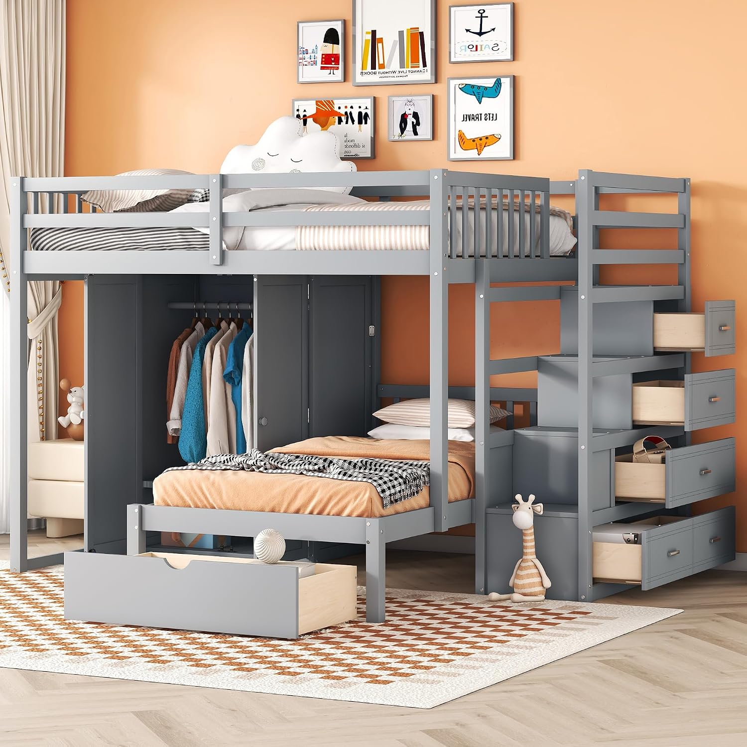 Ball & Cast Full Over Twin Bunk Bed with Safty Guardrail & Storage Stair,Wood Loft Bedframe W/Wardrobe & Drawers,Space-Saving Design,Easy Assembly,Versatile Furniture for Boys Girls Teen Bedroom,Gray