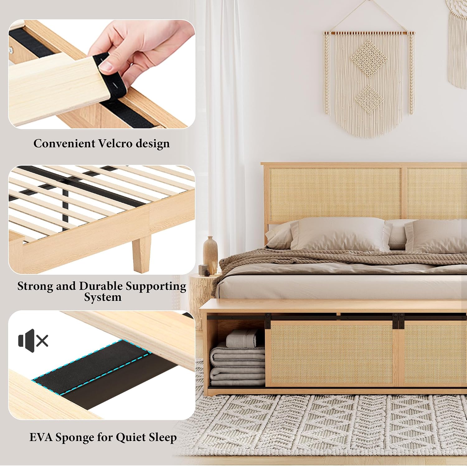 GarveeHome Natural Rattan Full Size Bed Frame with Sliding Barn Door Storage Cabinets, LED Light Headboard, Boho Farmhouse Wood Platform Bed with Solid Wood Legs Support, No Box Spring Needed