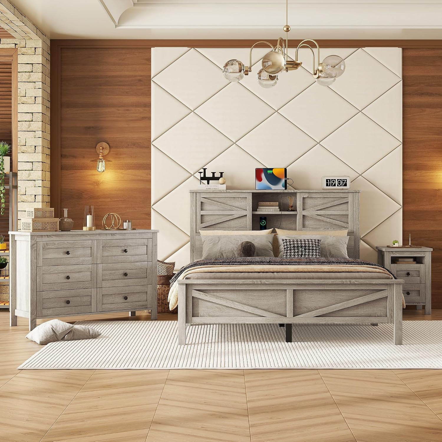 3-Pieces Queen Size Bedroom Sets, Farmhouse Platform Bed with Double Sliding Door USB Storage Headboard, 3PCS Bedroom Sets with Cabinet and Nightstands, Kids Adults, Gray