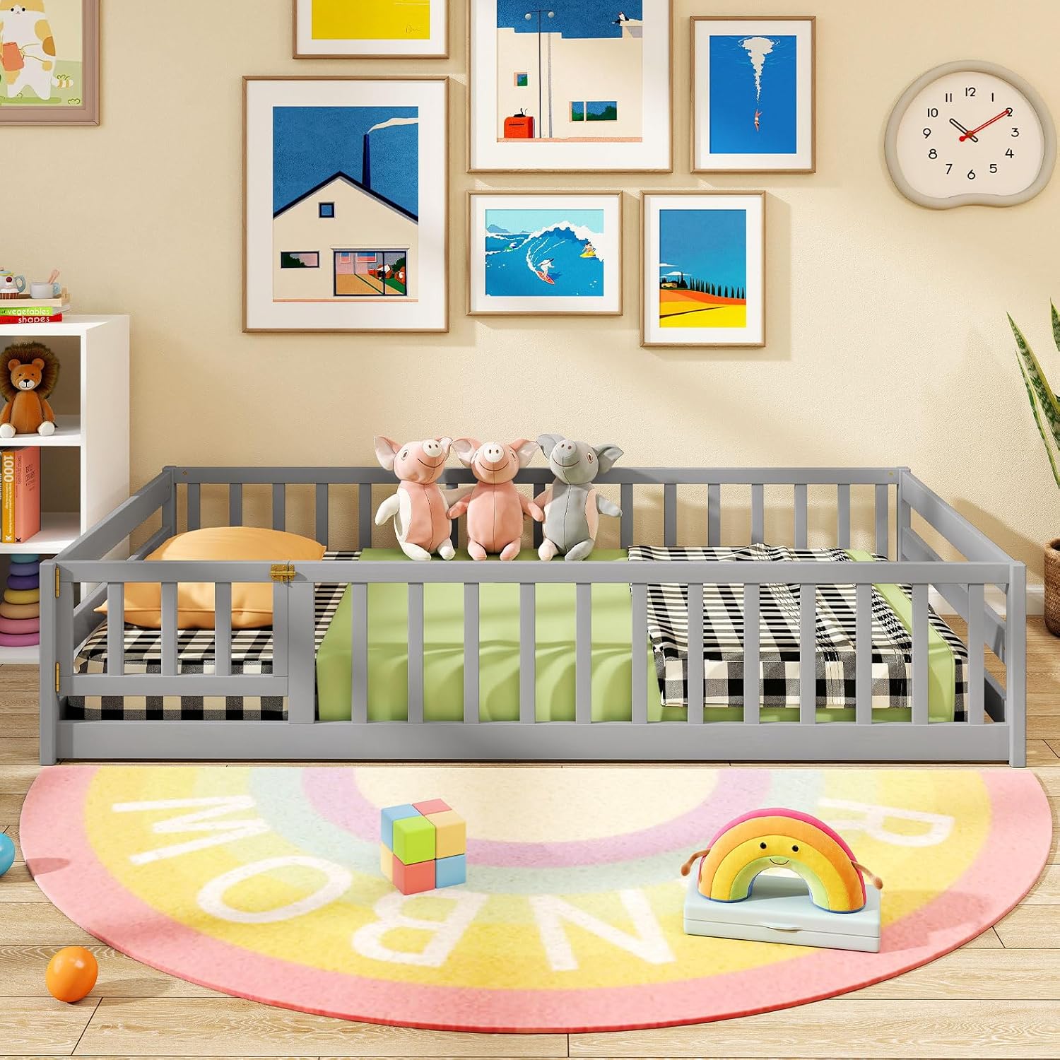 Giantex Twin Floor Bed with Fence for Kids, Wooden Montessori Bed Frame with Lockable Door & Guardrails, Low Floor Beds for Kids, Boys, Girls, No Box Spring Needed, Without Wood Slats, Grey
