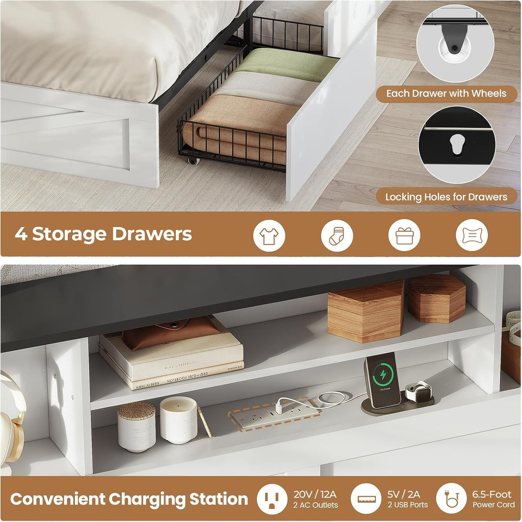 AOGLLATI Queen Bed Frame with Storage Bookcase Headboard and 4 Drawers,Wooden Farmhouse Led Bed Frame Queen Size with Charging Station & Metal Slats,White