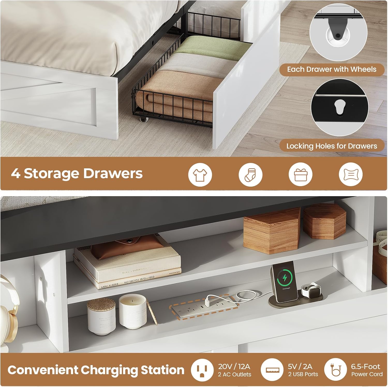AOGLLATI Farmhouse Bed Frame Full Size with 4 Storage Drawers and Charging Station, Wooden Full Size Bed Frame with Hidden Space Bookcase Headboard and Led Lights & Metal Slats, White