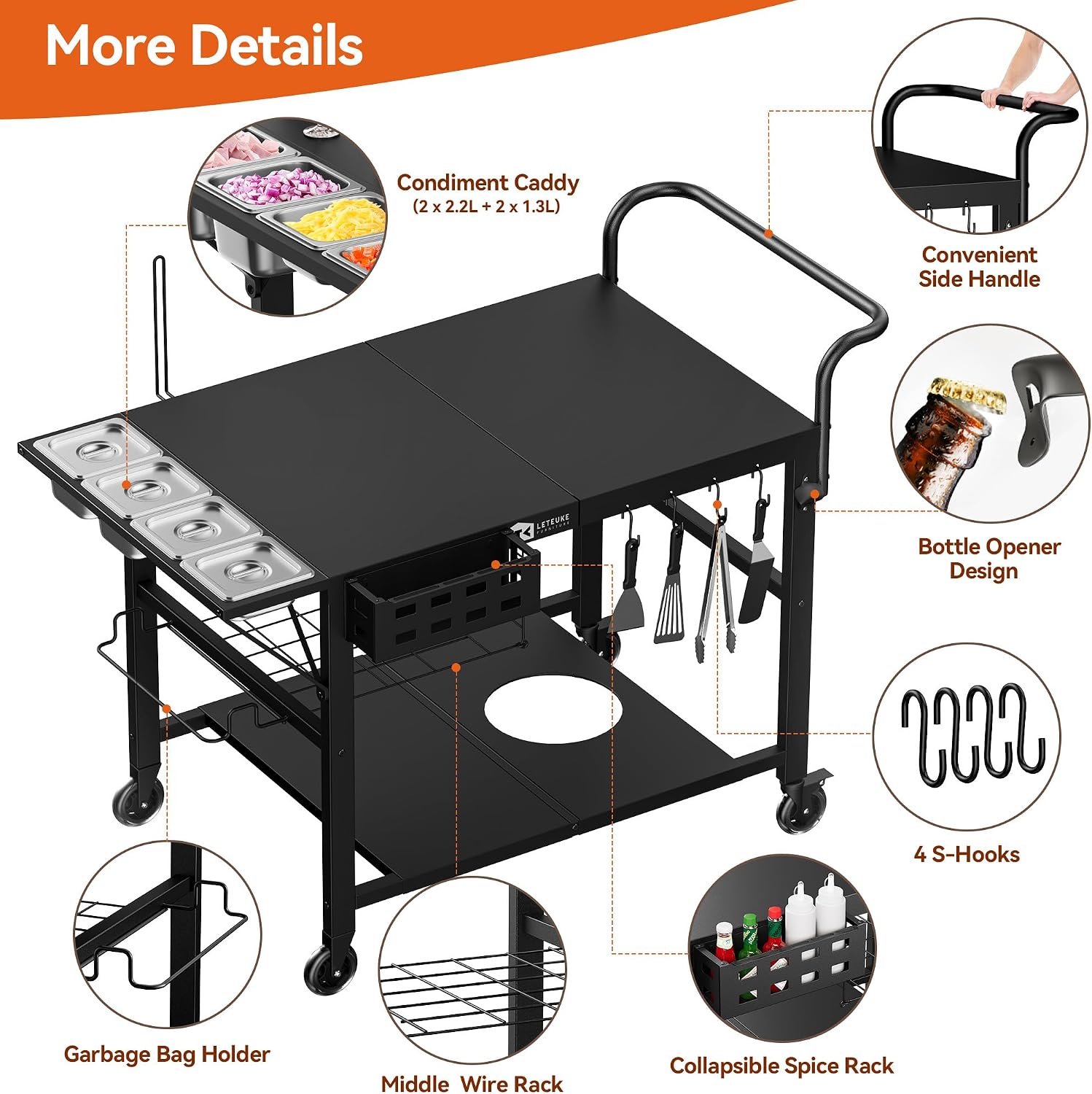 Leteuke Pizza Oven Table, Grill Cart Table for Blackstone Griddle, Outdoor Pizza Oven Stand Fits Ninja, Cuisinart, Gozney, Solo Stove, BBQ Prep Tables Station with Seasoning Tray, 47'x27.5'x30'