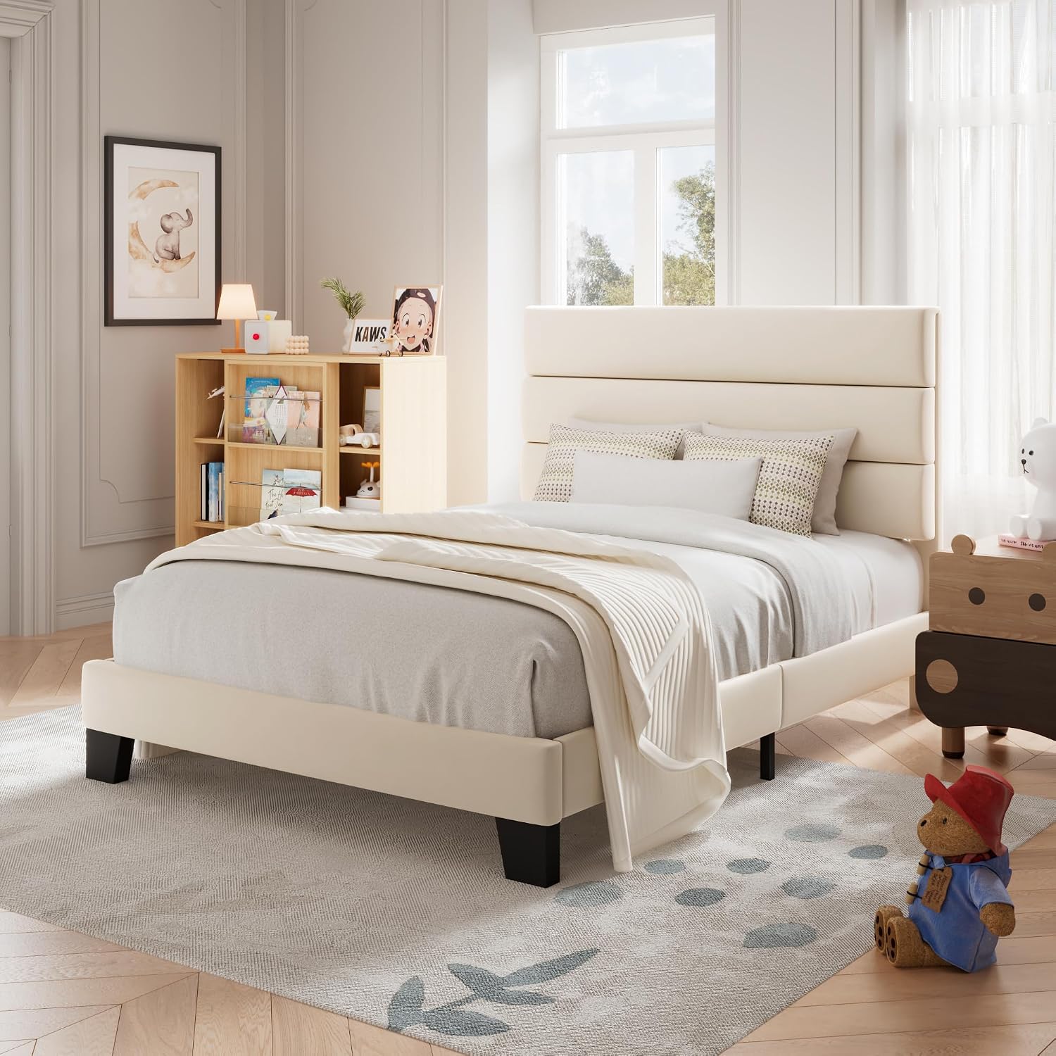 Allewie Twin Size Platform Bed Frame with Fabric Upholstered Headboard and Wooden Slats Support, Fully Upholstered Mattress Foundation/No Box Spring Needed/Easy Assembly, Cream