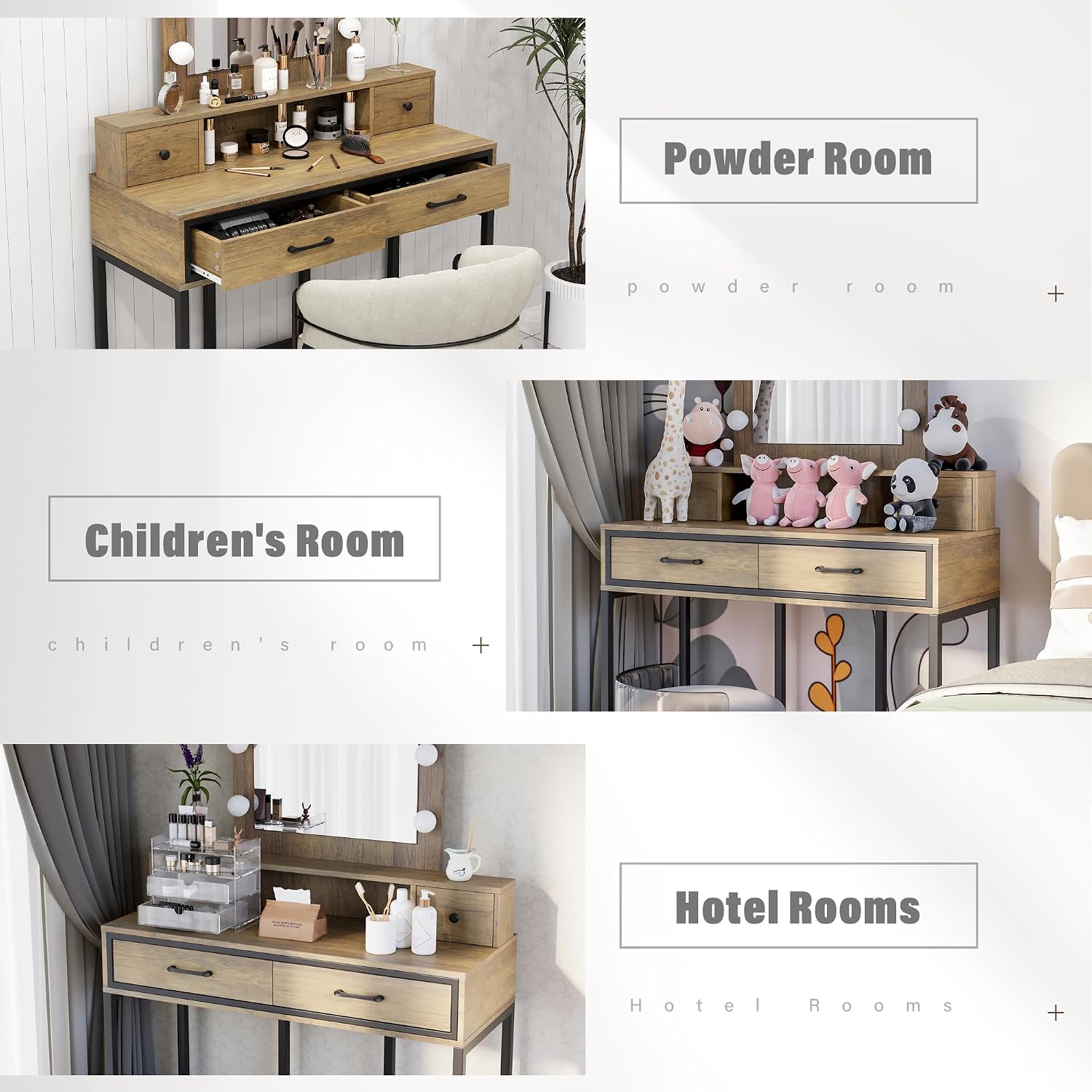 RoyalCraft Vanity Desk with Mirror and Lights, Makeup Vanity with 3 Color Dimmable Lighted Hollywood Mirror, Brown Makeup Table with 4 Drawers, Large Dressing Table for Women Girls