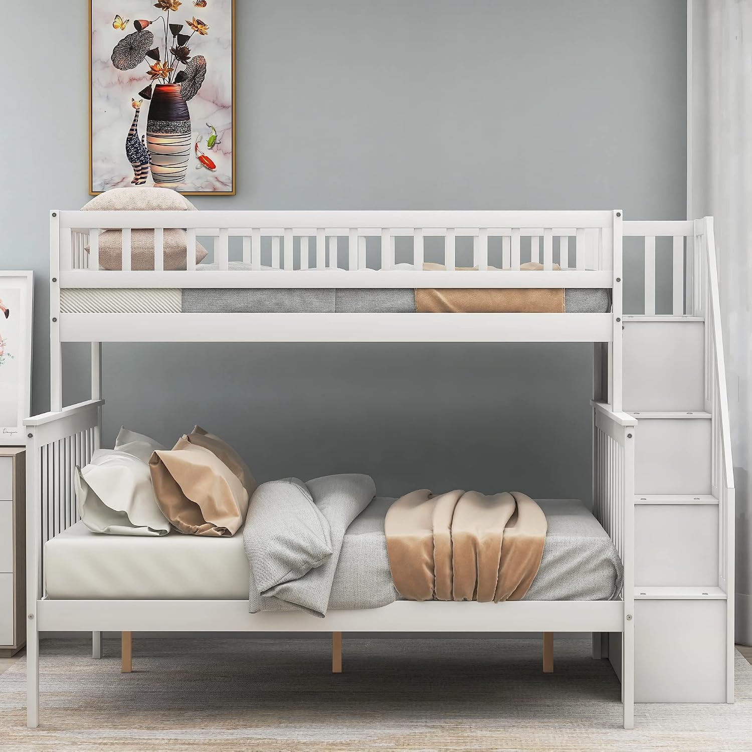 Harper & Bright Designs Twin Over Full Stairway Bunk Bed with Storage, Wood Bunk Bed Frame Can be Divided into Two Beds, White