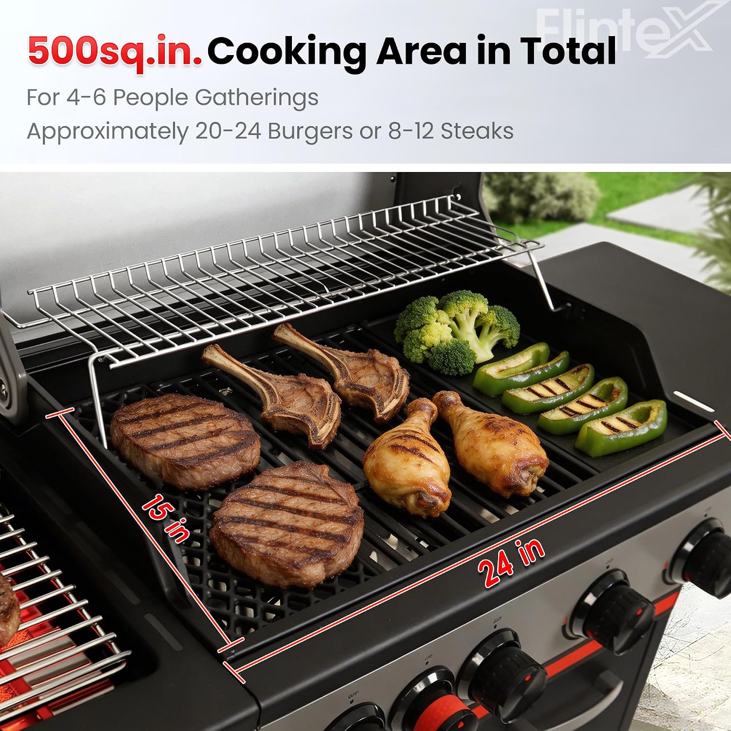 Flintex Multi-Function Propane Gas Grill with Various Grates, 4-Burner Outdoor BBQ Grill with Porcelain-Enameled Cast Iron Grates & Griddle, 52,000 BTU Output, 490 sp.in. Cooking Area, Black