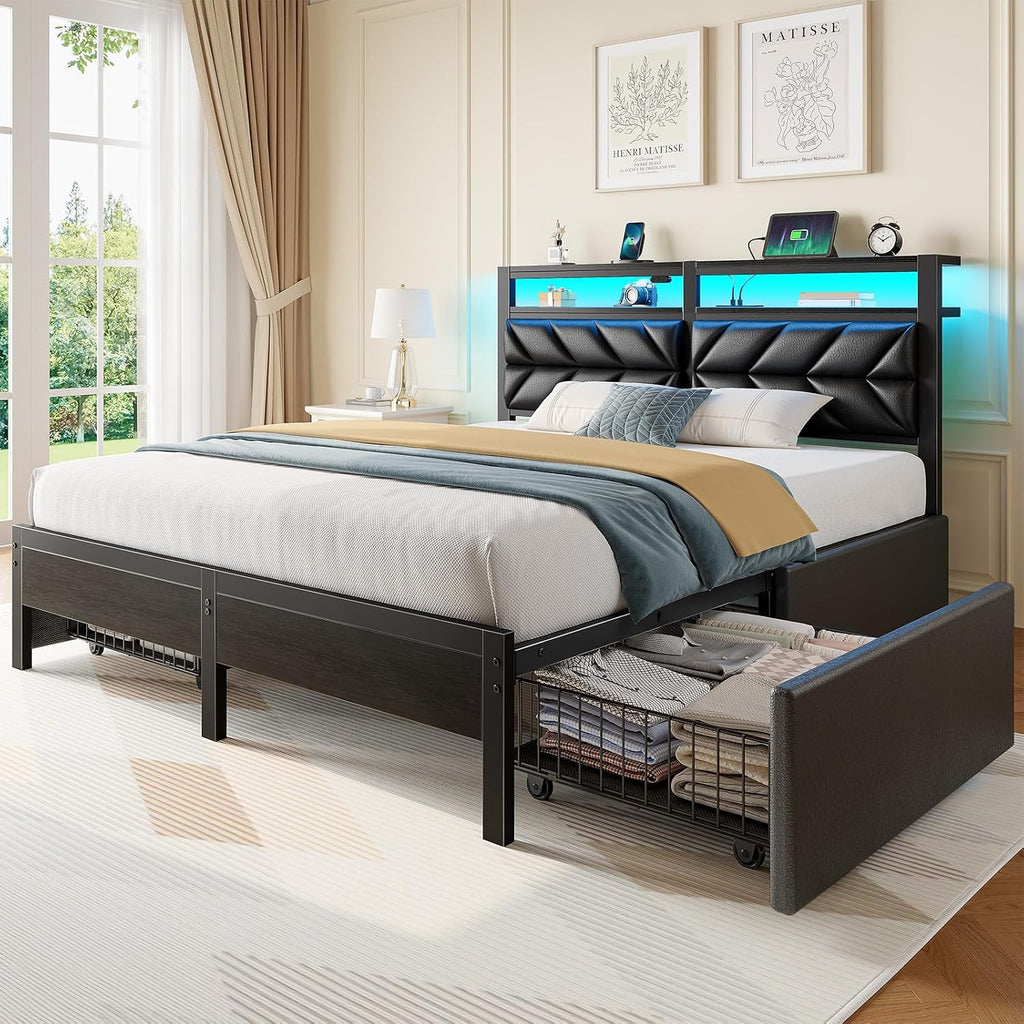Seventable Queen Bed Frame with 4 Storage Drawers, Charging Station & LED Lights, Upholstered Headboard with 2-Tier Shelves, Metal Platform Bed, No Box Spring Needed, Noise-Free, Black