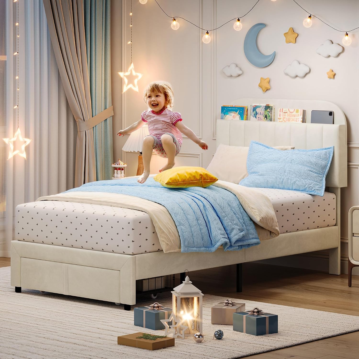 IDEALHOUSE Set of 2 Twin Bed Frame for Kids, Upholstered Platform Bed with Large Storage Drawer and Bookcase Headboard, Girls Boys Bed, Noise-Free, Easy Assembly, No Box Spring Needed, Cream White