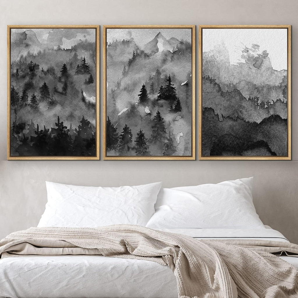 NWT Framed Canvas Print Wall Art Set Pastel Watercolor Dark Mountain Forest Nature Wilderness Illustrations Modern Art Decorative Landscape Rustic for Living Room, Bedroom, Office - 24'x36'x3 Natural