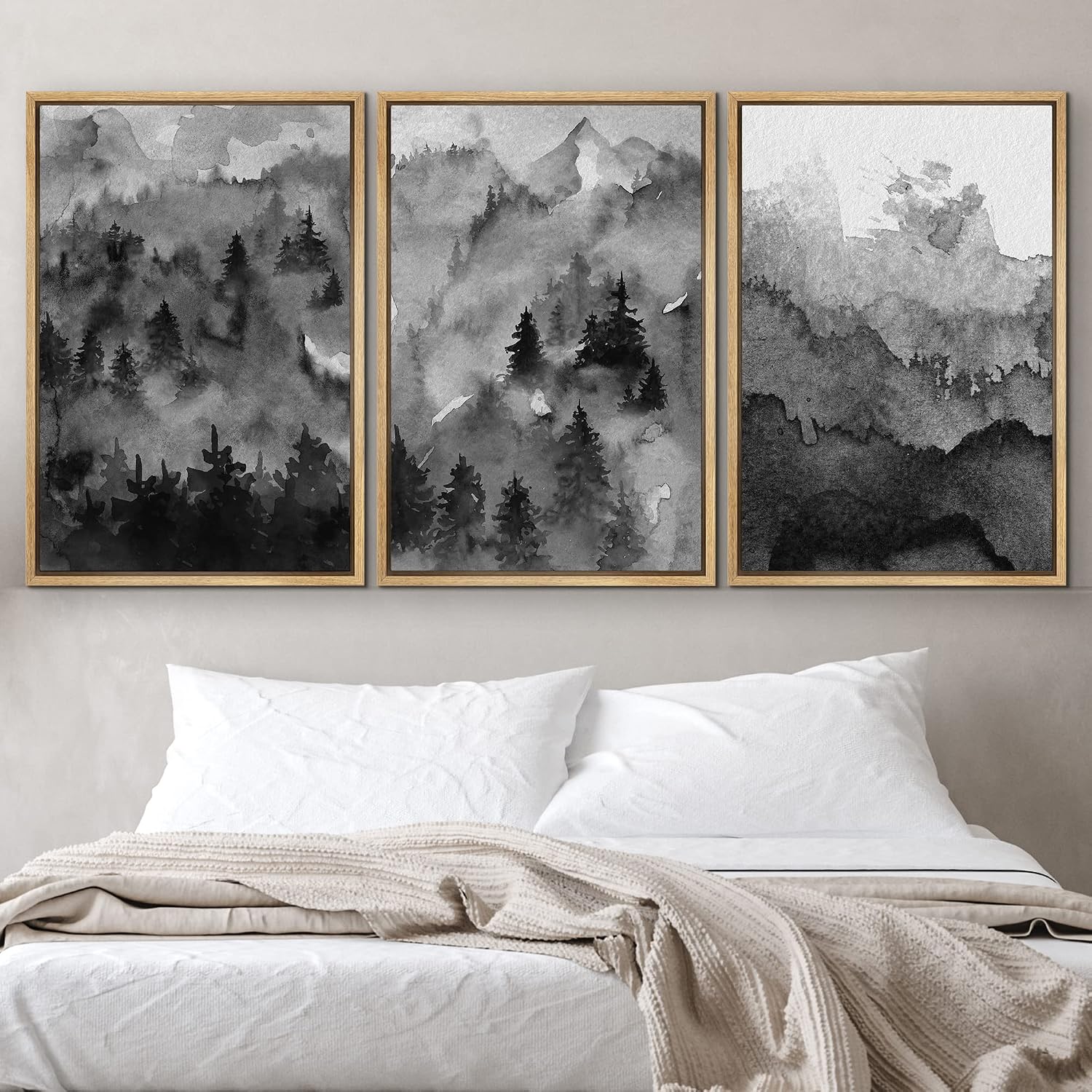 NWT Framed Canvas Print Wall Art Set Pastel Watercolor Dark Mountain Forest Nature Wilderness Illustrations Modern Art Decorative Landscape Rustic for Living Room, Bedroom, Office - 24'x36'x3 Natural