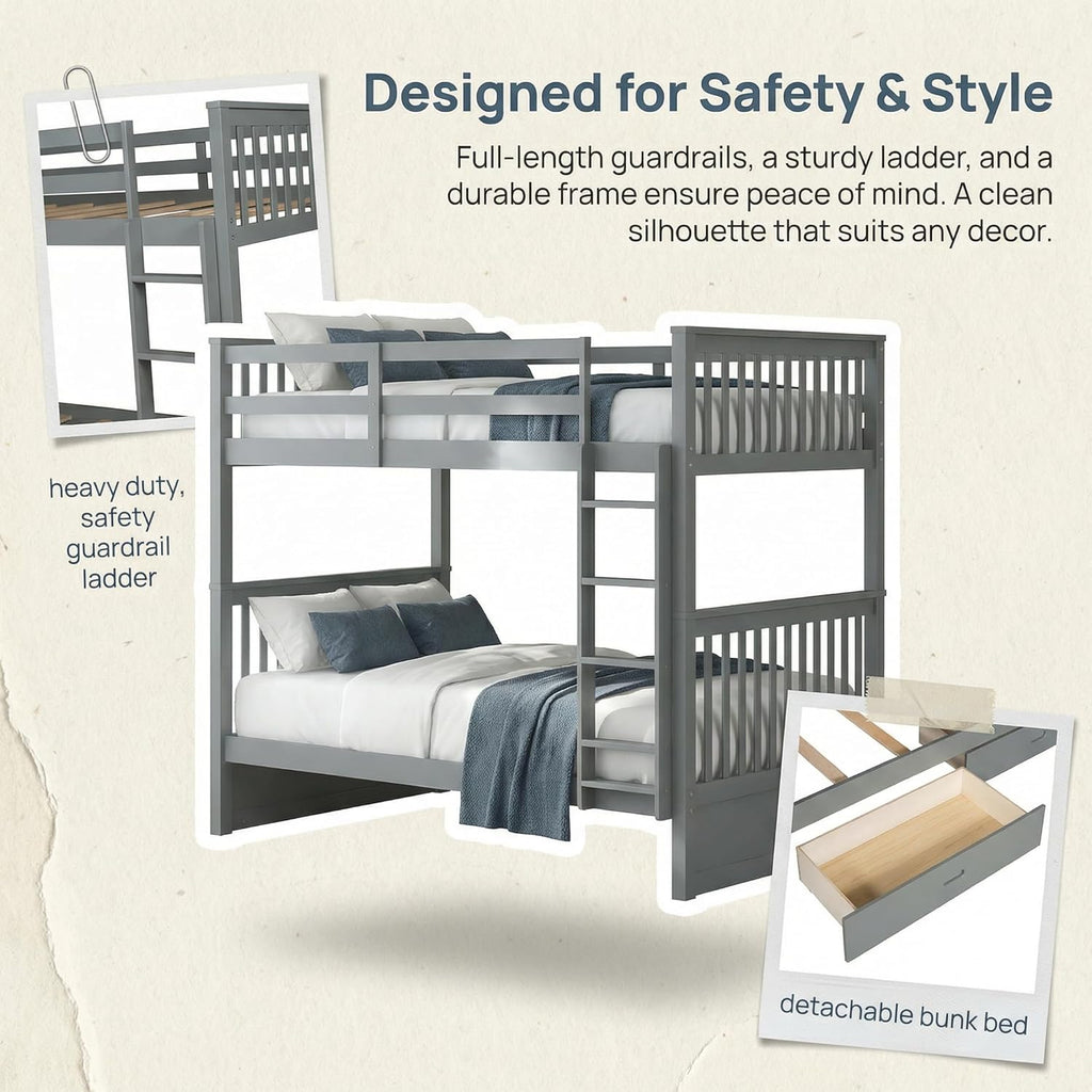 Merax Twin-Over-Twin Bunk Bed with Two Storage Drawers, Solid Wood Twin Size Bunk Bed with Guardrial and Removble Ladder, Can be Converted Into 2 Separate Beds, Grey
