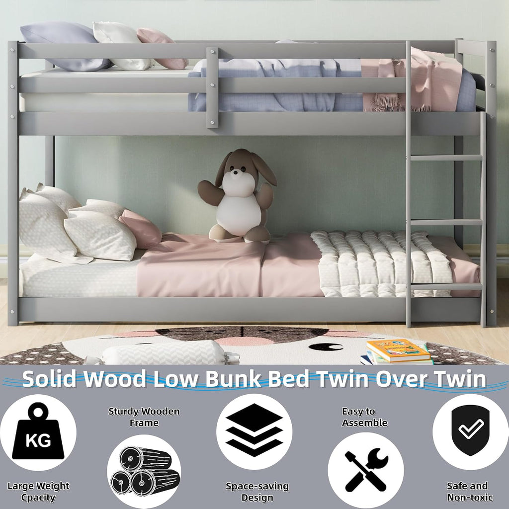 Low Bunk Bed Twin Over Twin, Solid Wood Floor Bunk Bed Frame with Ladder & Safety Guardrails, Twin Bunk Beds for Kids Boys and Girls, Saving Space, No Box Spring Needed, Gray