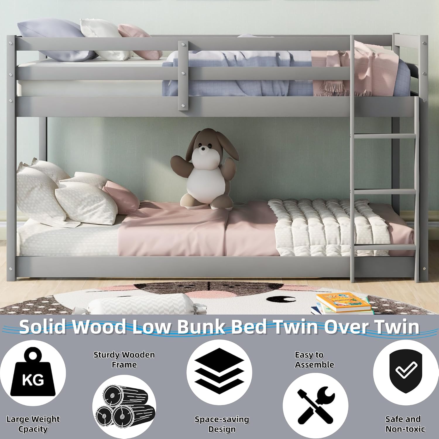 Low Bunk Bed Twin Over Twin, Solid Wood Floor Bunk Bed Frame with Ladder & Safety Guardrails, Twin Bunk Beds for Kids Boys and Girls, Saving Space, No Box Spring Needed, Gray