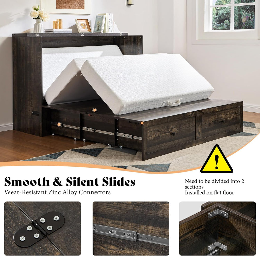 AMERLIFE Full Murphy Bed Cabinet with Charging Station and Storage, Farmhouse Foldable Platform Bed for Guest Room, Office, Small Spaces, Black Oak