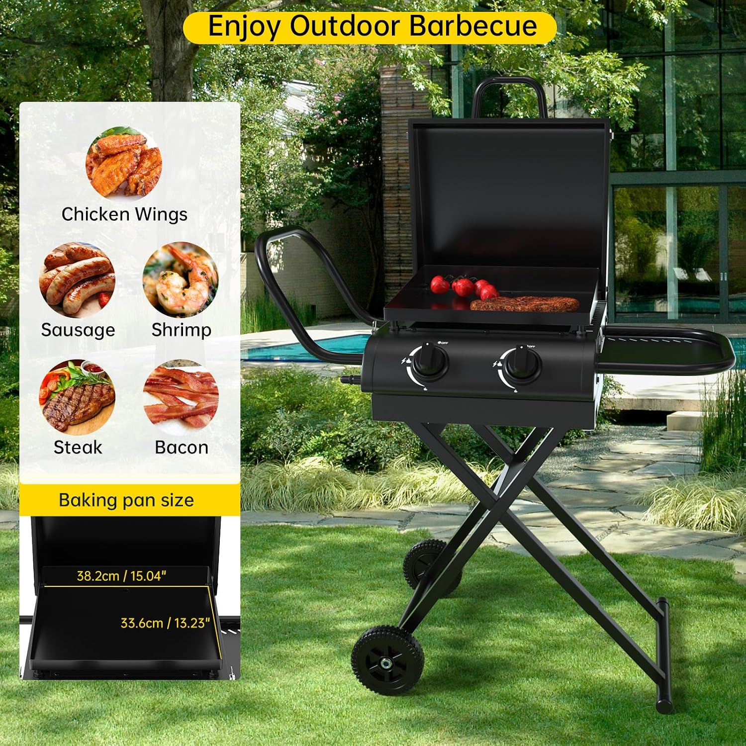 Portable Propane Griddle Grill with Hood, Side Shelf, & Adjustable Heat Zones - Folding Gas Grill for Outdoor Cooking Patio Backyard Camping RV Tailgating