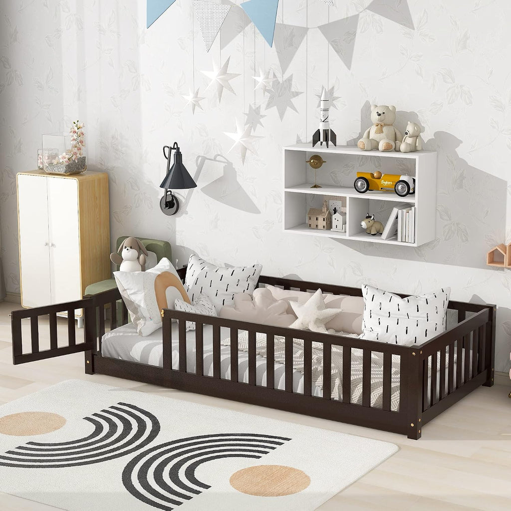 i-POOK Twin Size Wood Montessori Bed Frame with Wood Slats, Fence & Door for Children Girls and Boys, Espresso (with Bed Slats)