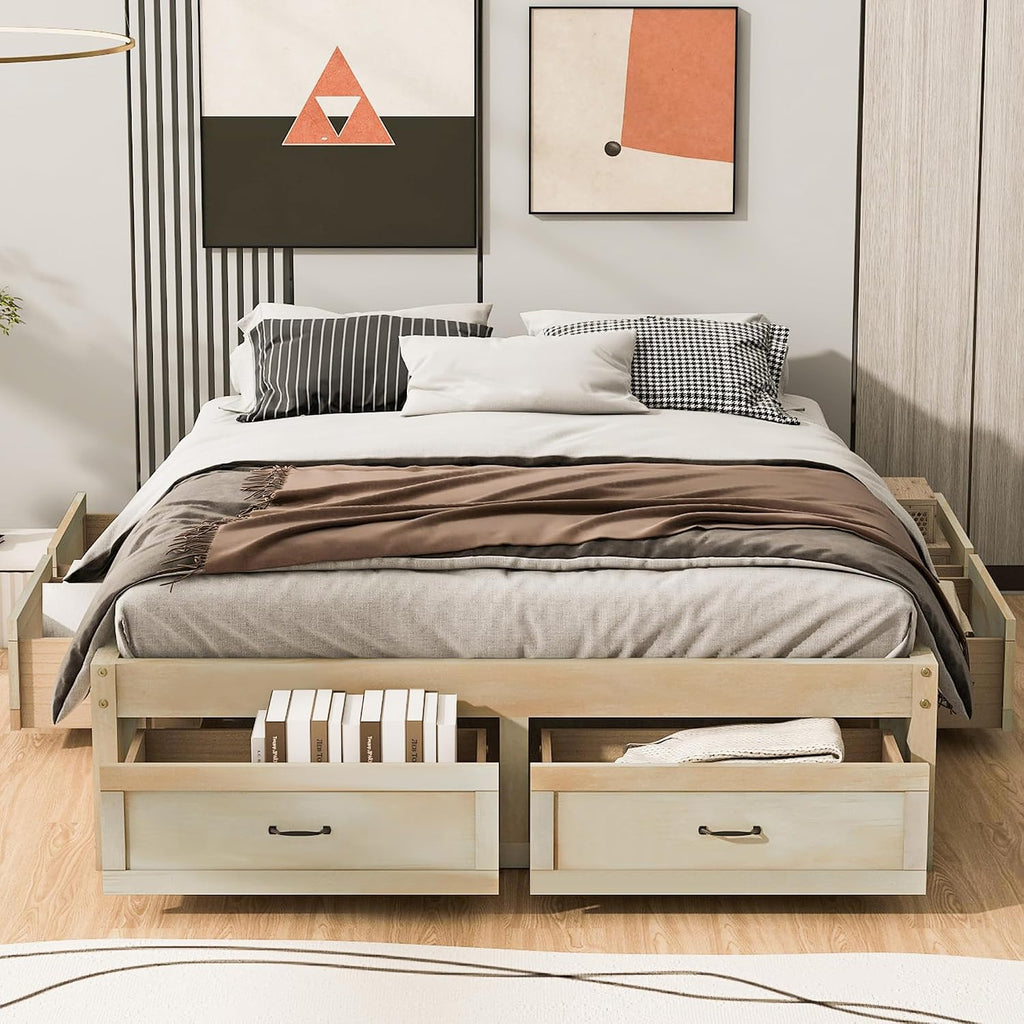 SOFTSEA Queen Size Bed Frame with 6 Storage Drawers, Wood Platform Bed Frame No Headboard with Support Slats, Farmhosue Platform Bed with Drawers, No Box Spring Needed, Easy Assembly, Antique Natural