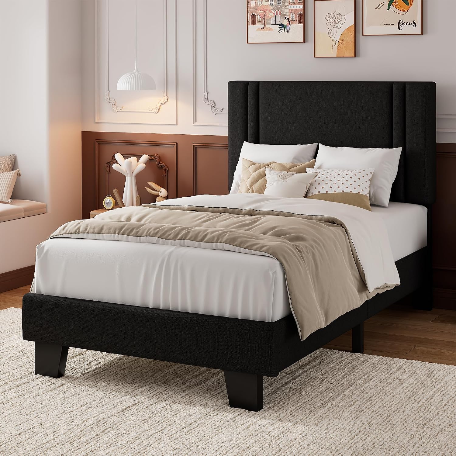 iPormis Twin Platform Bed Frame with Fabric Upholstered Headboard & Thickened Legs, Mattress Foundation with Solid Wooden Slats Support, No Box Spring Needed, Noise Free, Black
